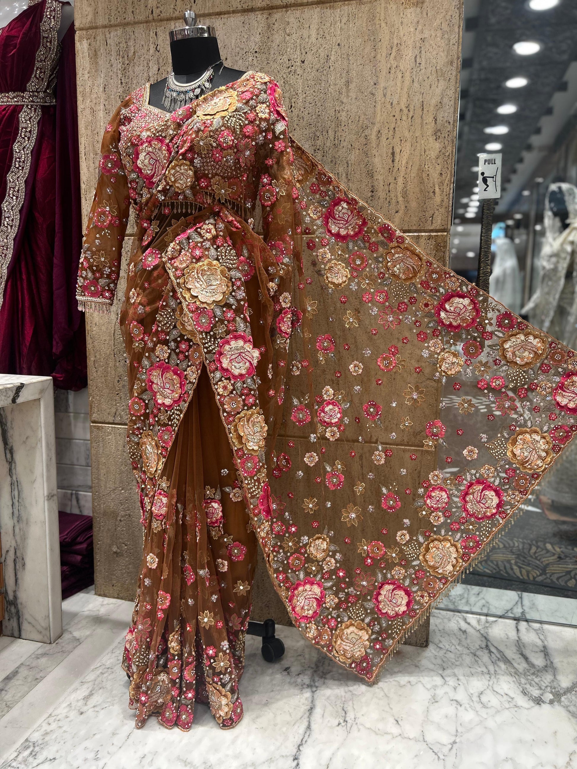 Net beautiful saree Indian wedding sarees Partywear sari blouse Saffronfashionindia