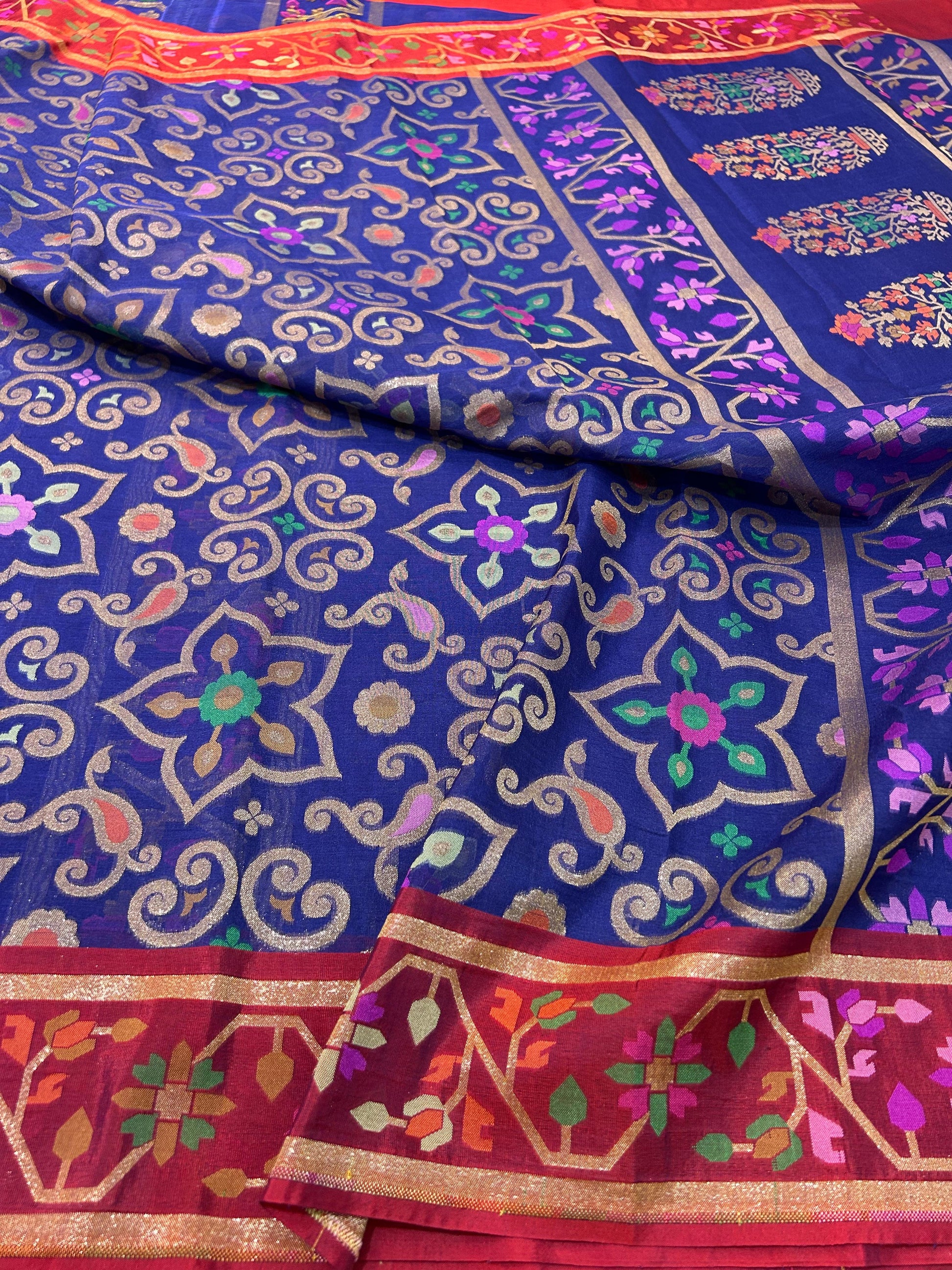 Blue kora jamdani saree Zari traditional saree Indian sari blouse SaffronFashion