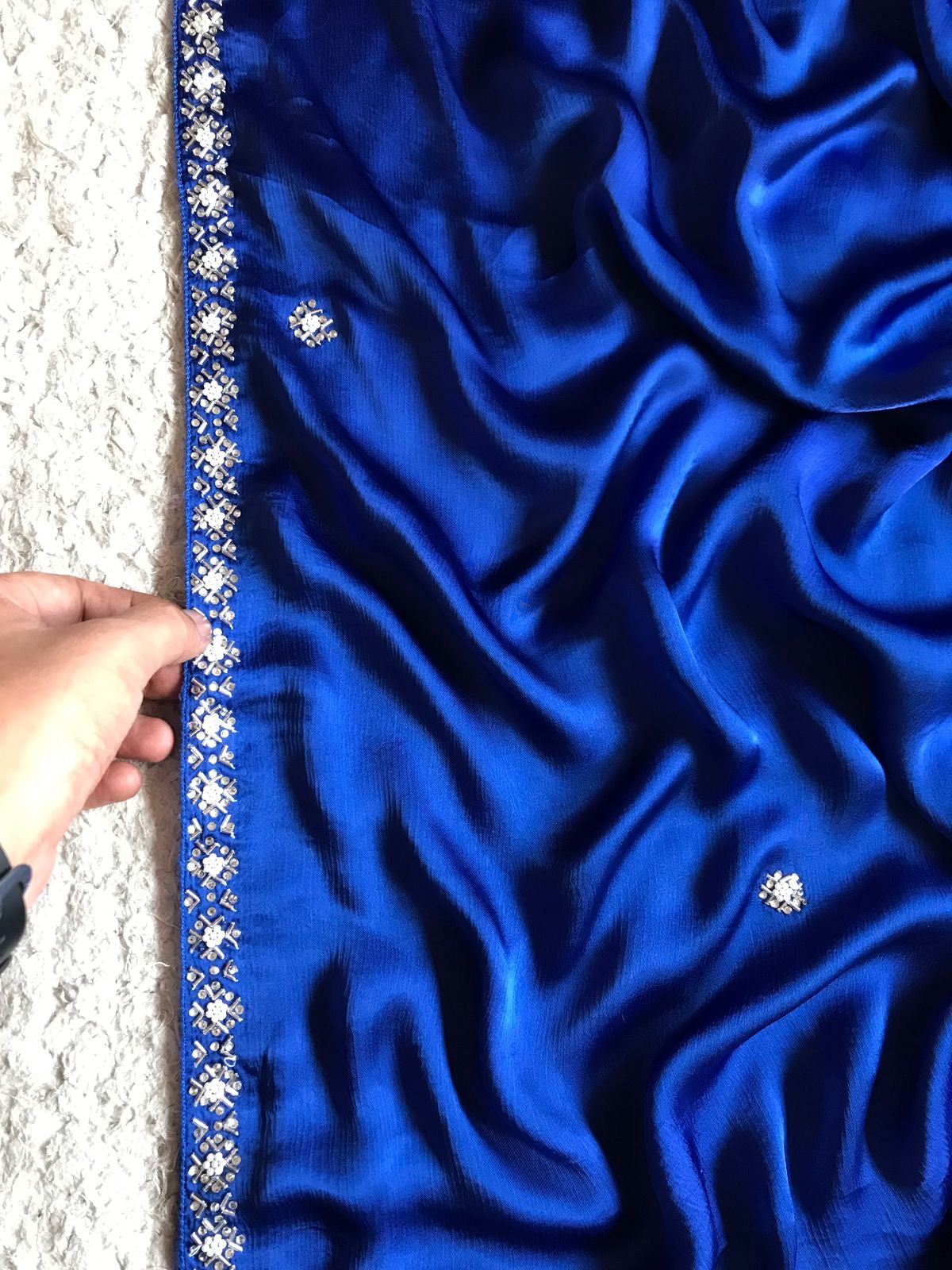 Royal blue premium saree luxury sarees Chinon satin saree blouse - Saffronfashionindia