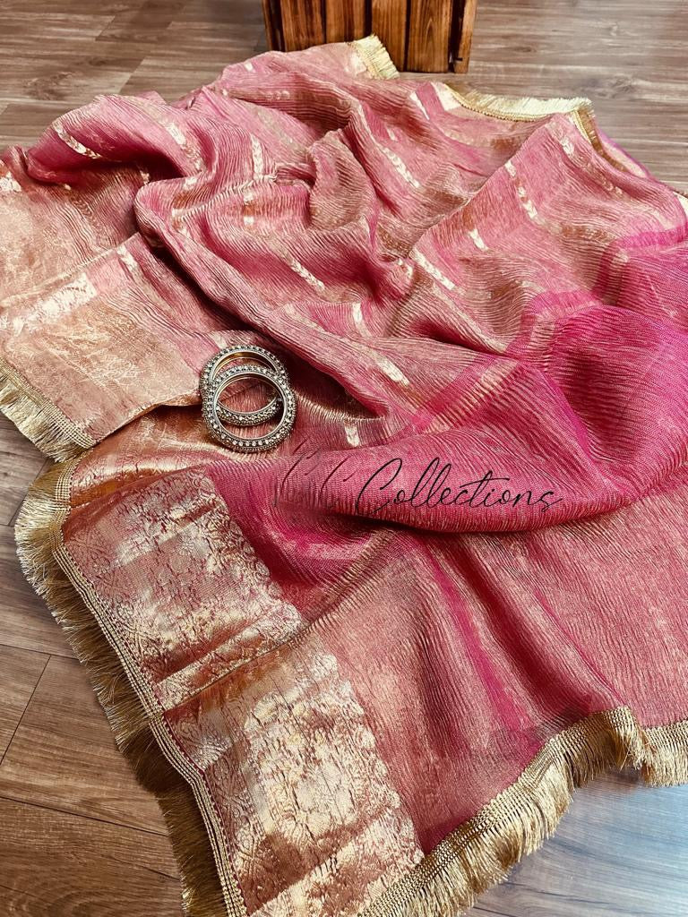 Pink Banarsi kora crushed tissue saree women sarees - Saffronfashionindia