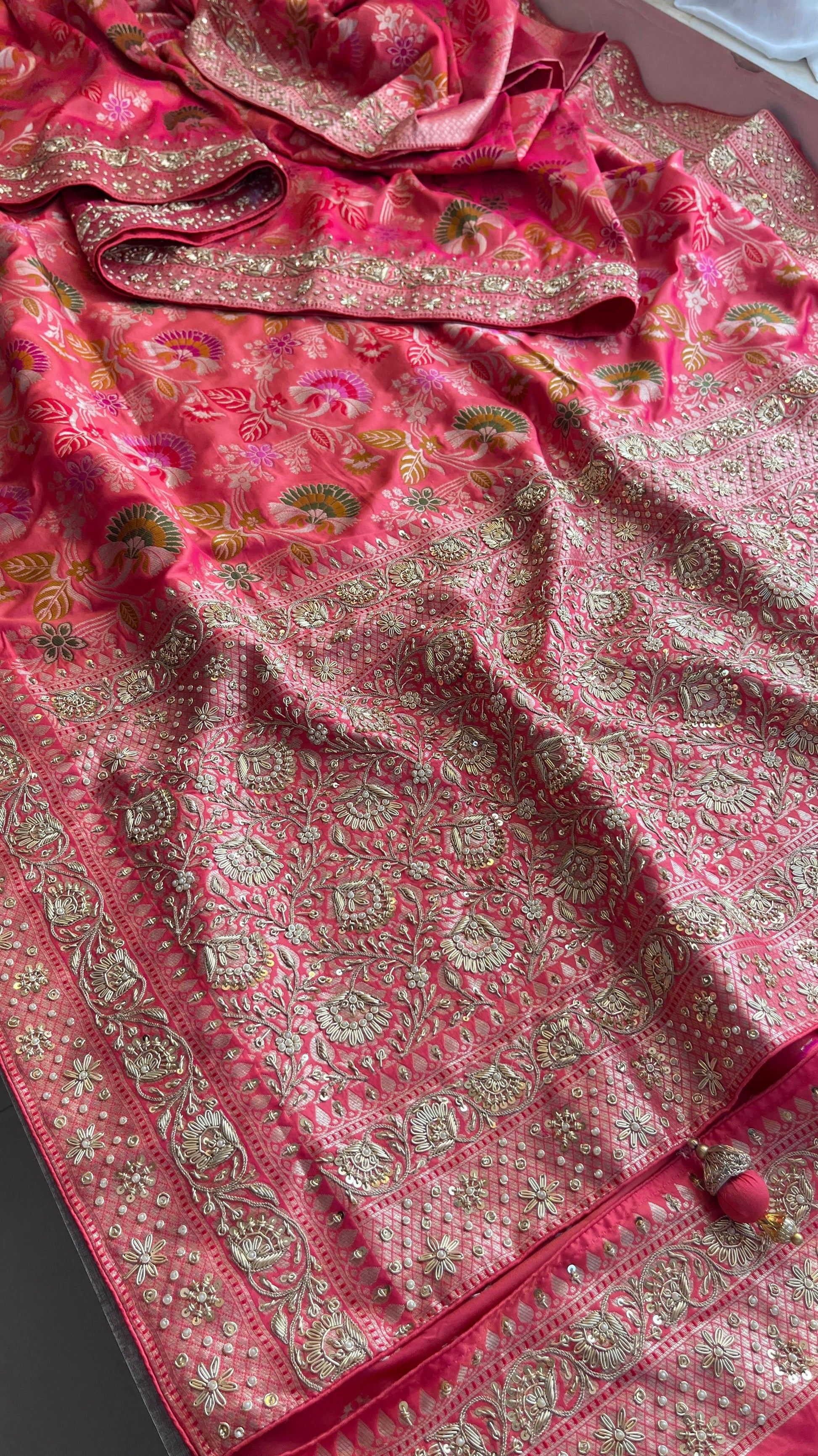 Pink Elegant munga saree Banarsi saree wedding sari blouse SaffronFashion