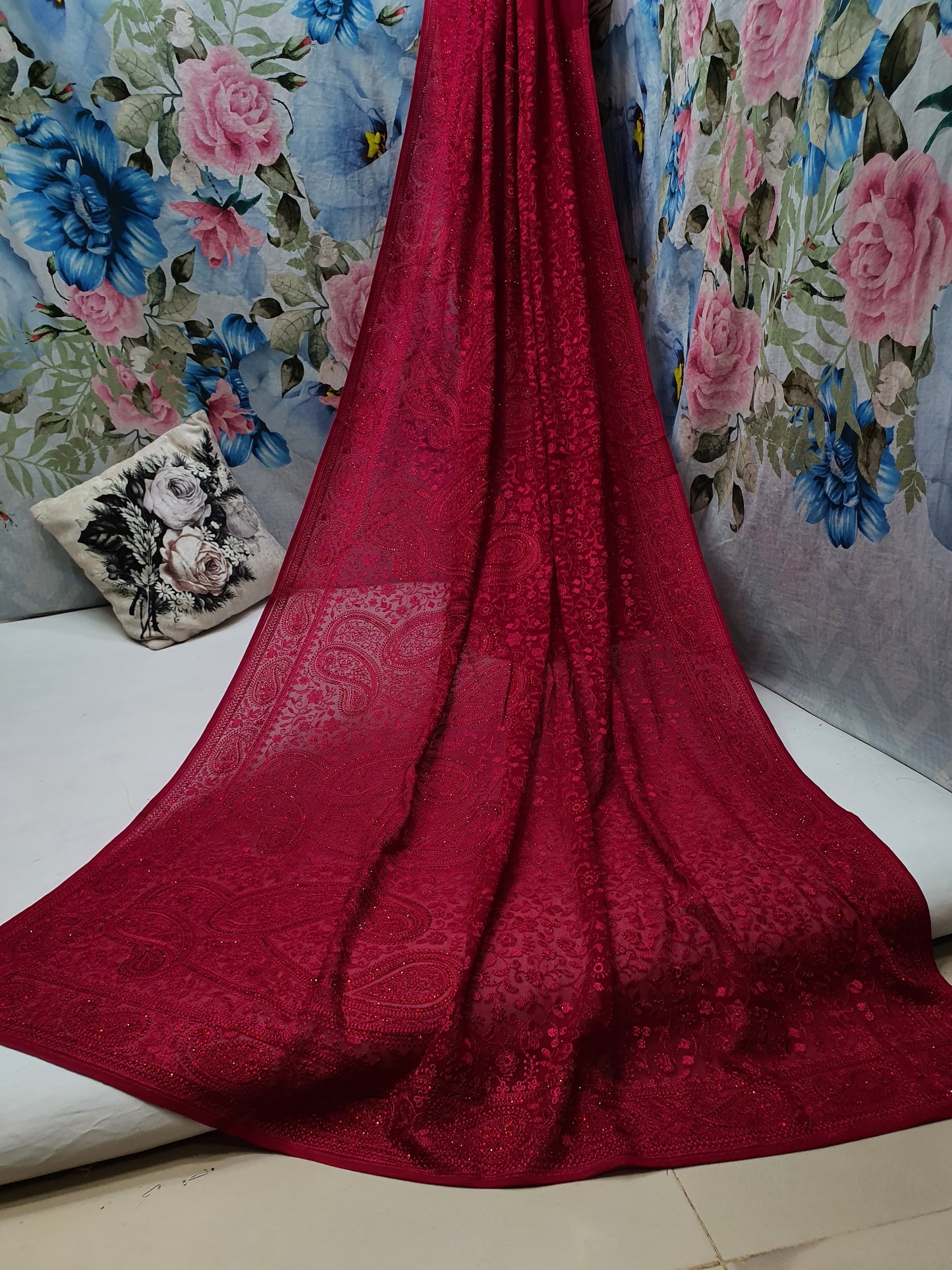 Paisley inspired Chikankari saree gorgette saree blouse - Saffronfashionindia