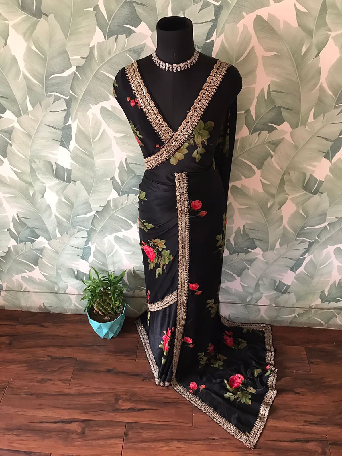 Floral black saree designer inspired sari blouse premium sarees Saffronfashionindia