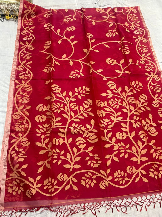 Red hot muslin jamdani sarees - Saffronfashionindia