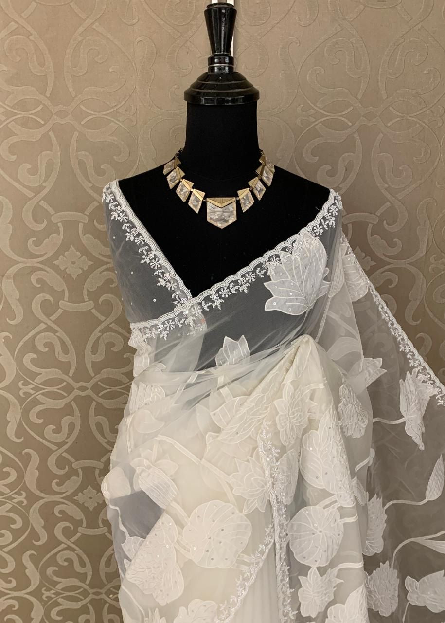 Arlie organza saree applique work saree Partywear sarees - Saffronfashionindia