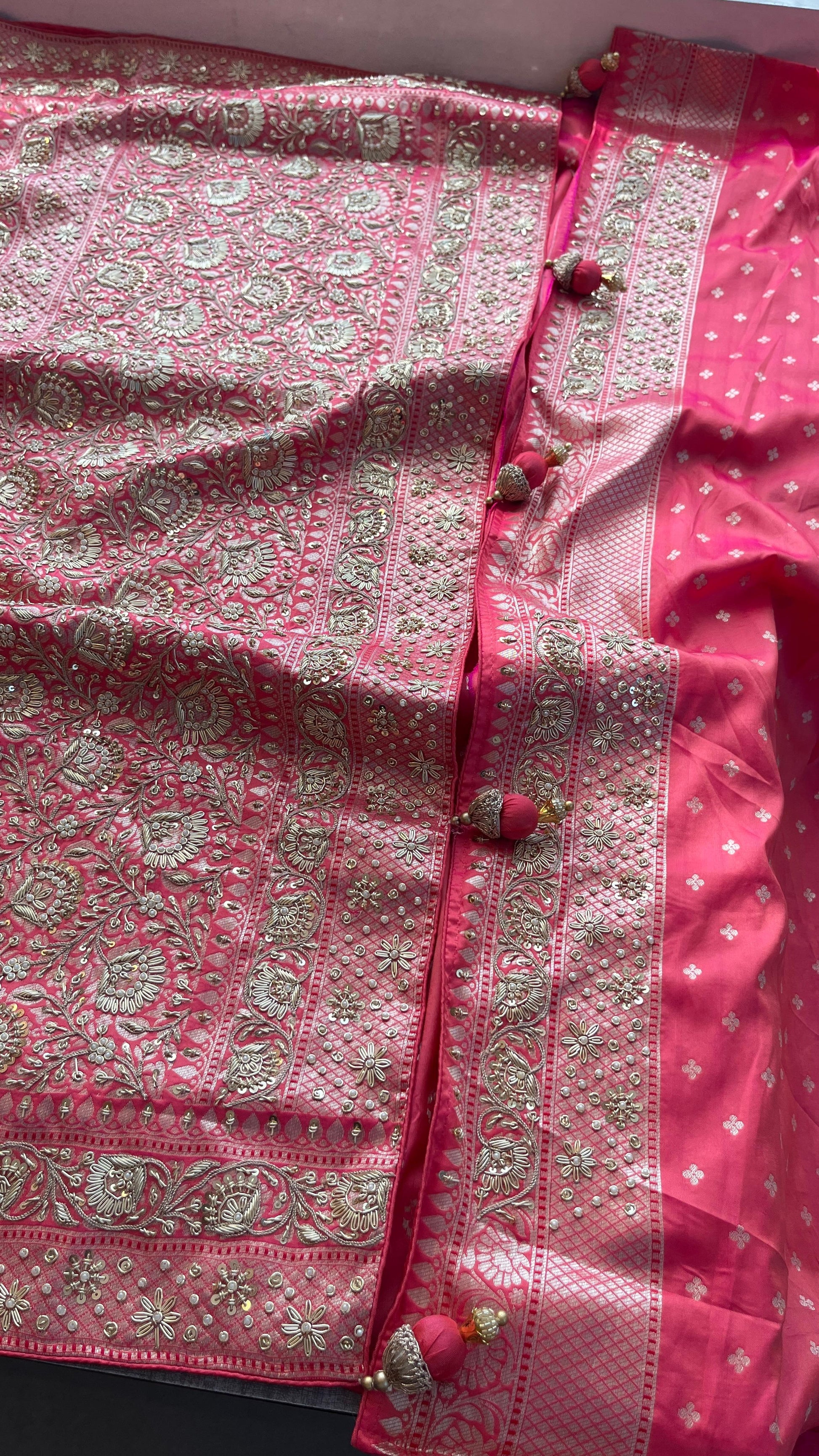 Pink Elegant munga saree Banarsi saree wedding sari blouse SaffronFashion