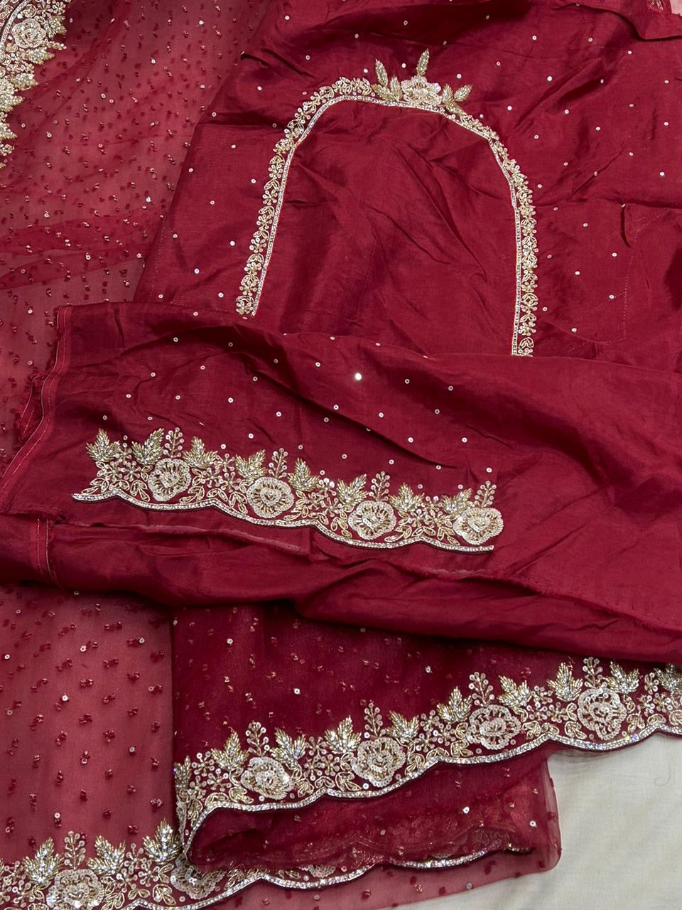 Partywear Red Organza Saree Indian saree - Saffronfashionindia