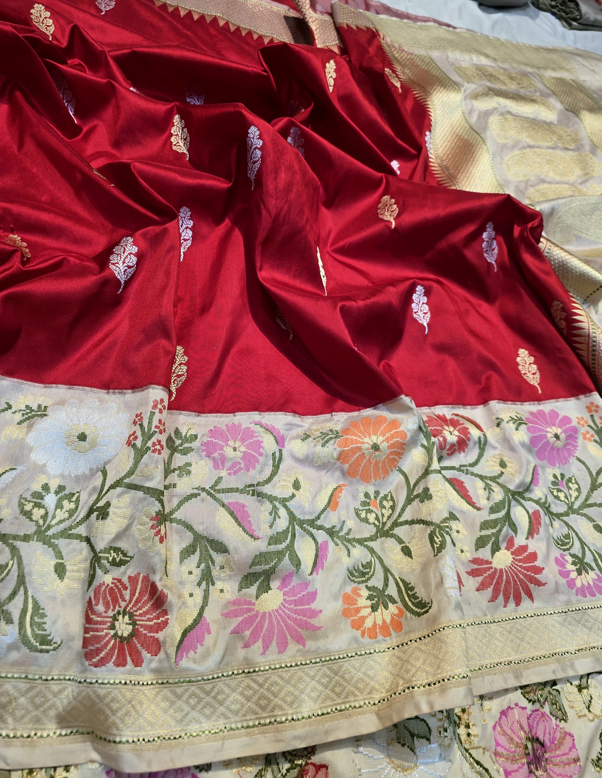 Red Banarsi katan silk saree kadwa sarees blouse Indian sari SaffronFashion