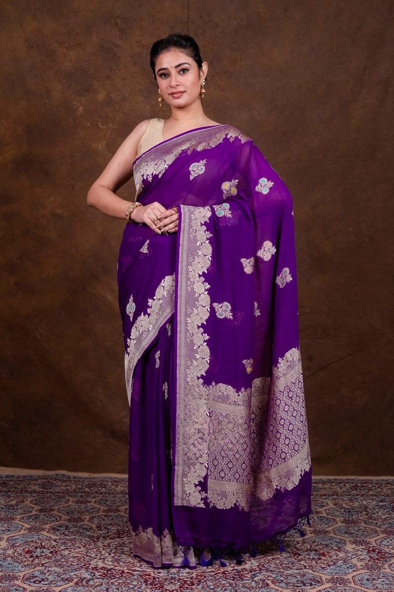 Floral georgette saree khaddi saree Indian sari blouse SaffronFashion