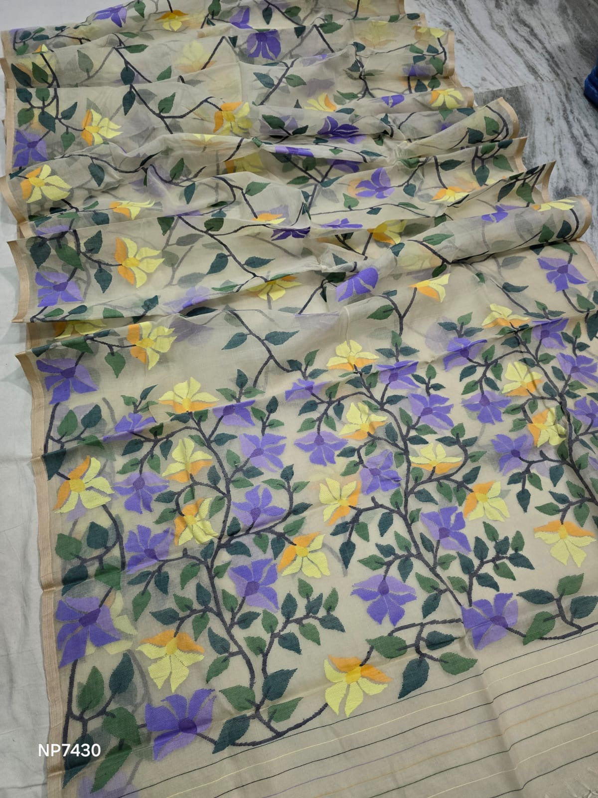 Off white Tantuj Jamdani sarees - Saffronfashionindia