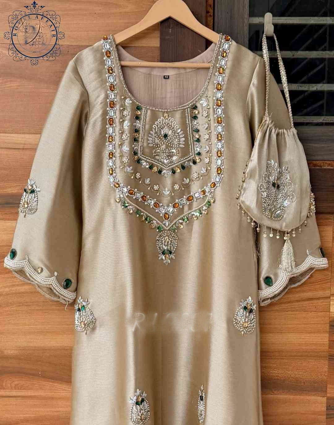 Hand embroidered designer dress partywear shirt dress with potli SaffronFashion