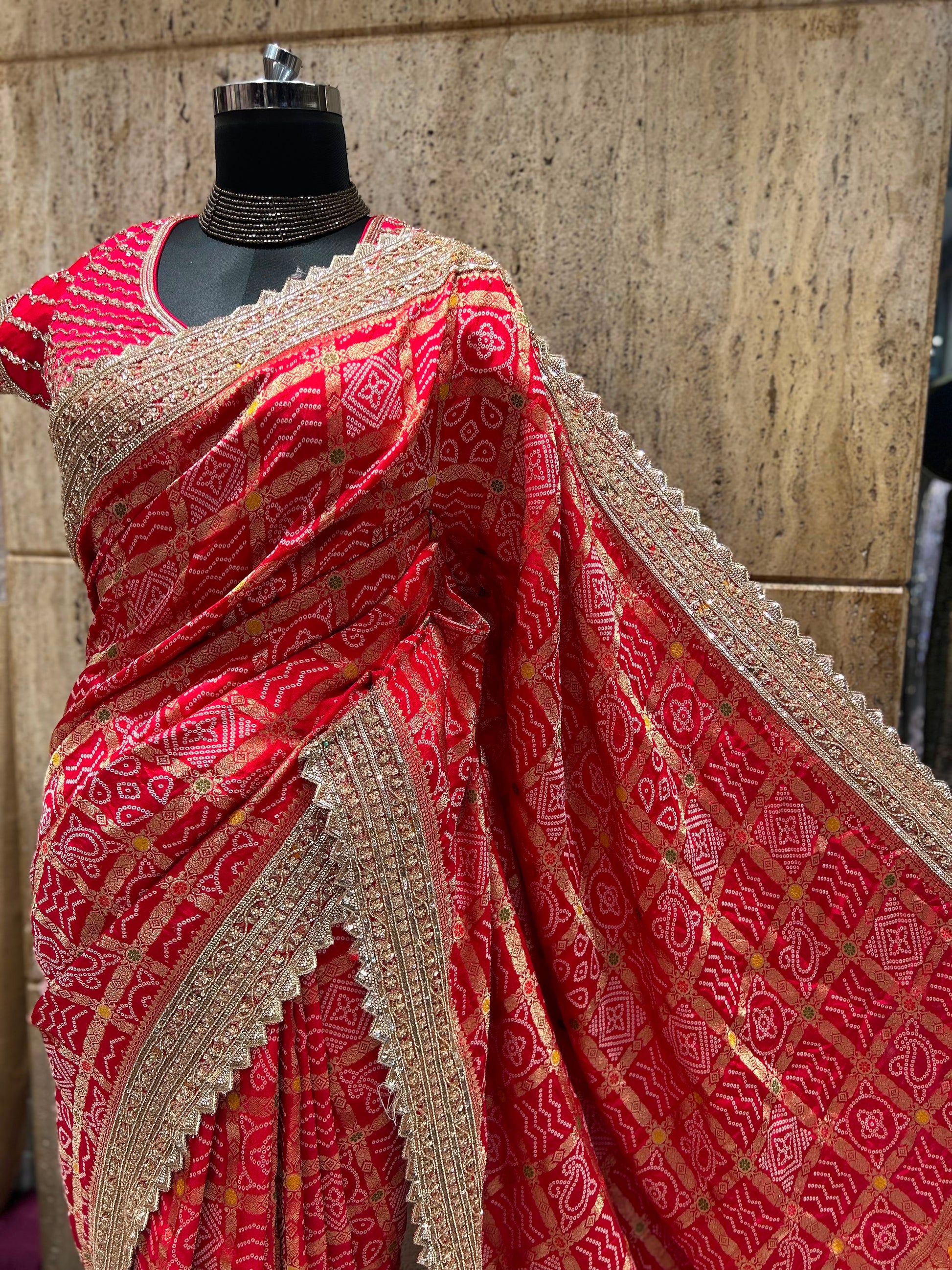 Red Bandhej saree Indian  sari blouse traditional sarees SaffronFashion