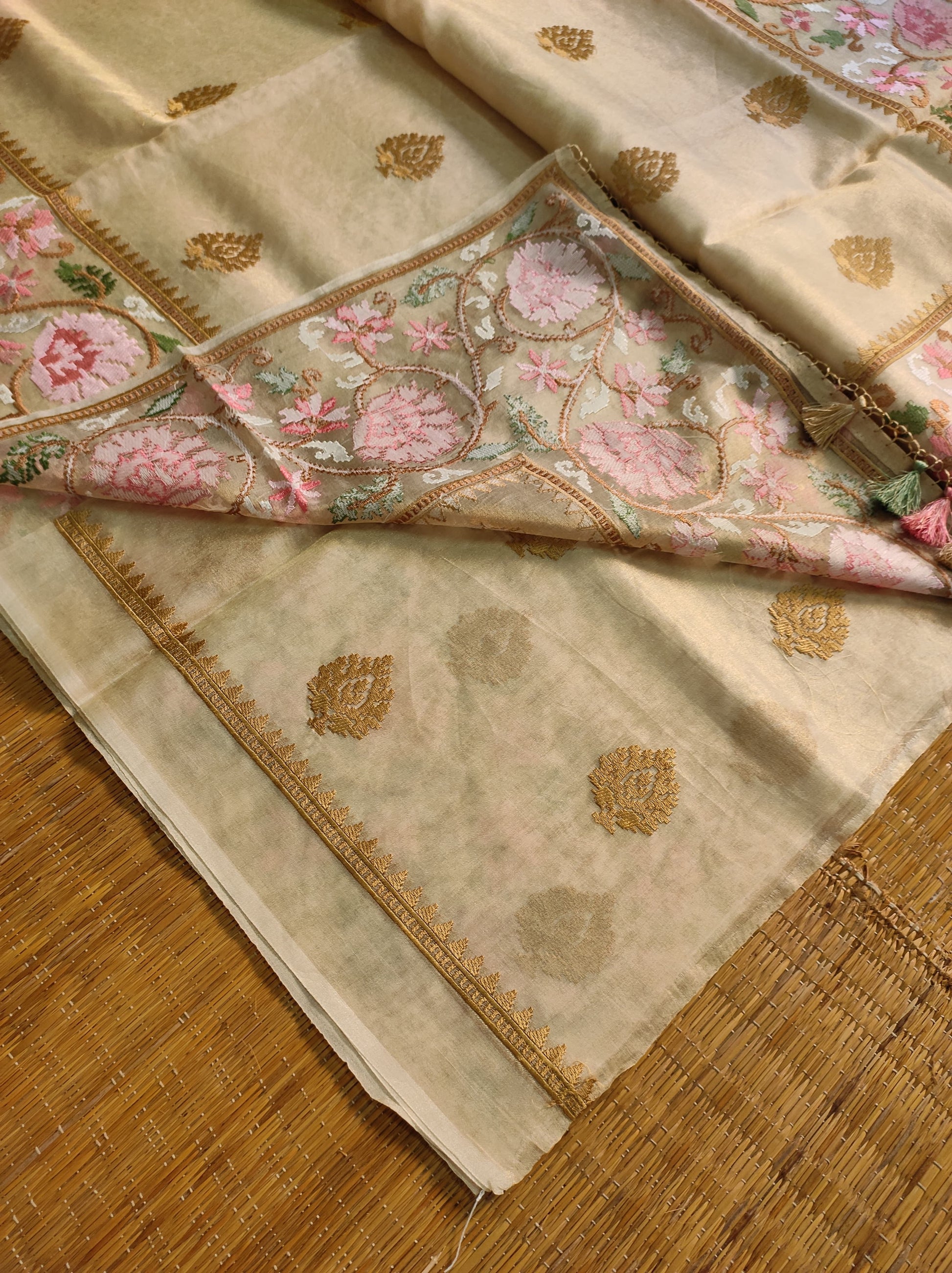 Embroidered Floral Tissue Silk Saree - Saffronfashionindia