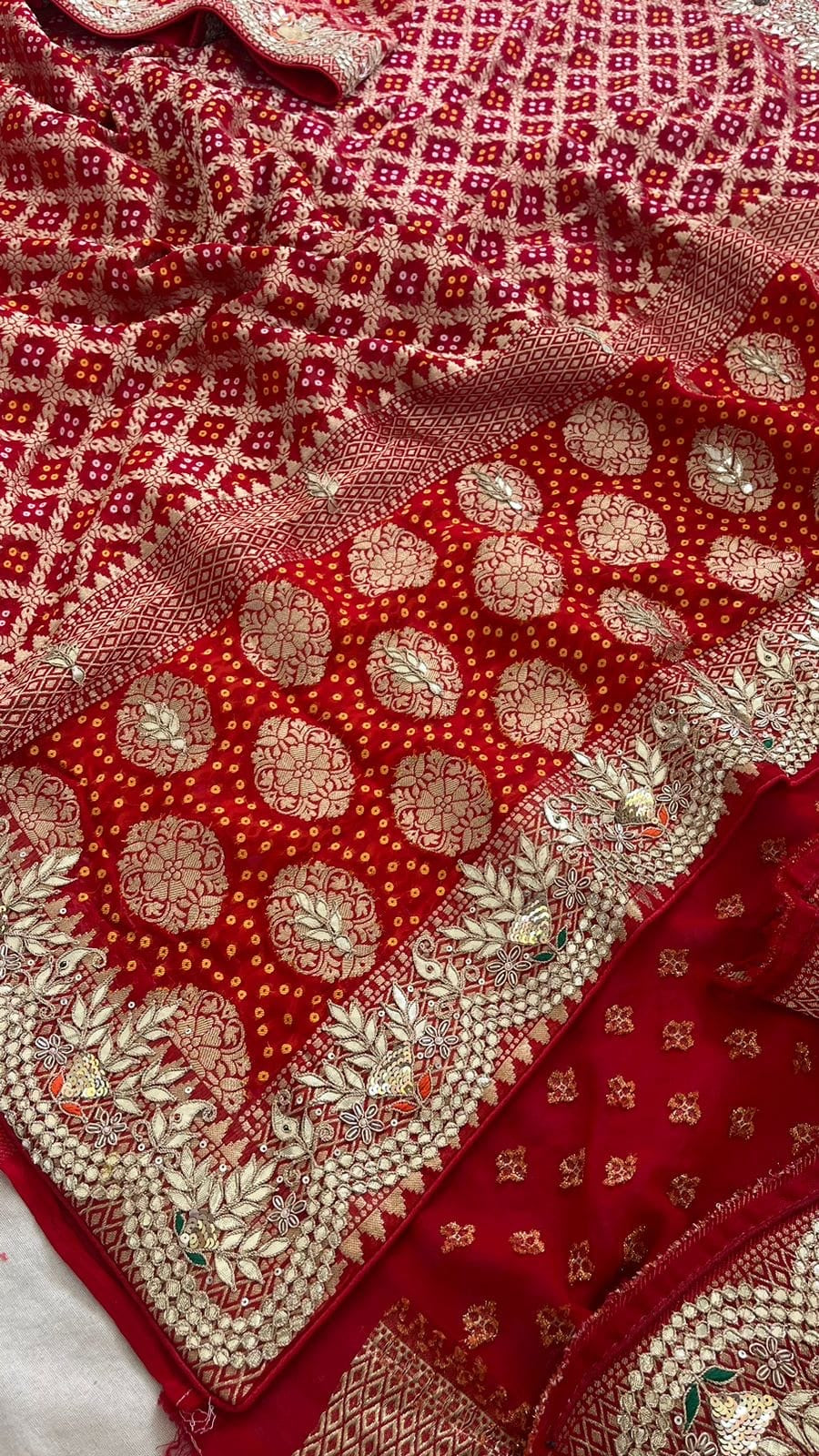 Gottapatti red Banarsi saree Gorgette sarees - Saffronfashionindia