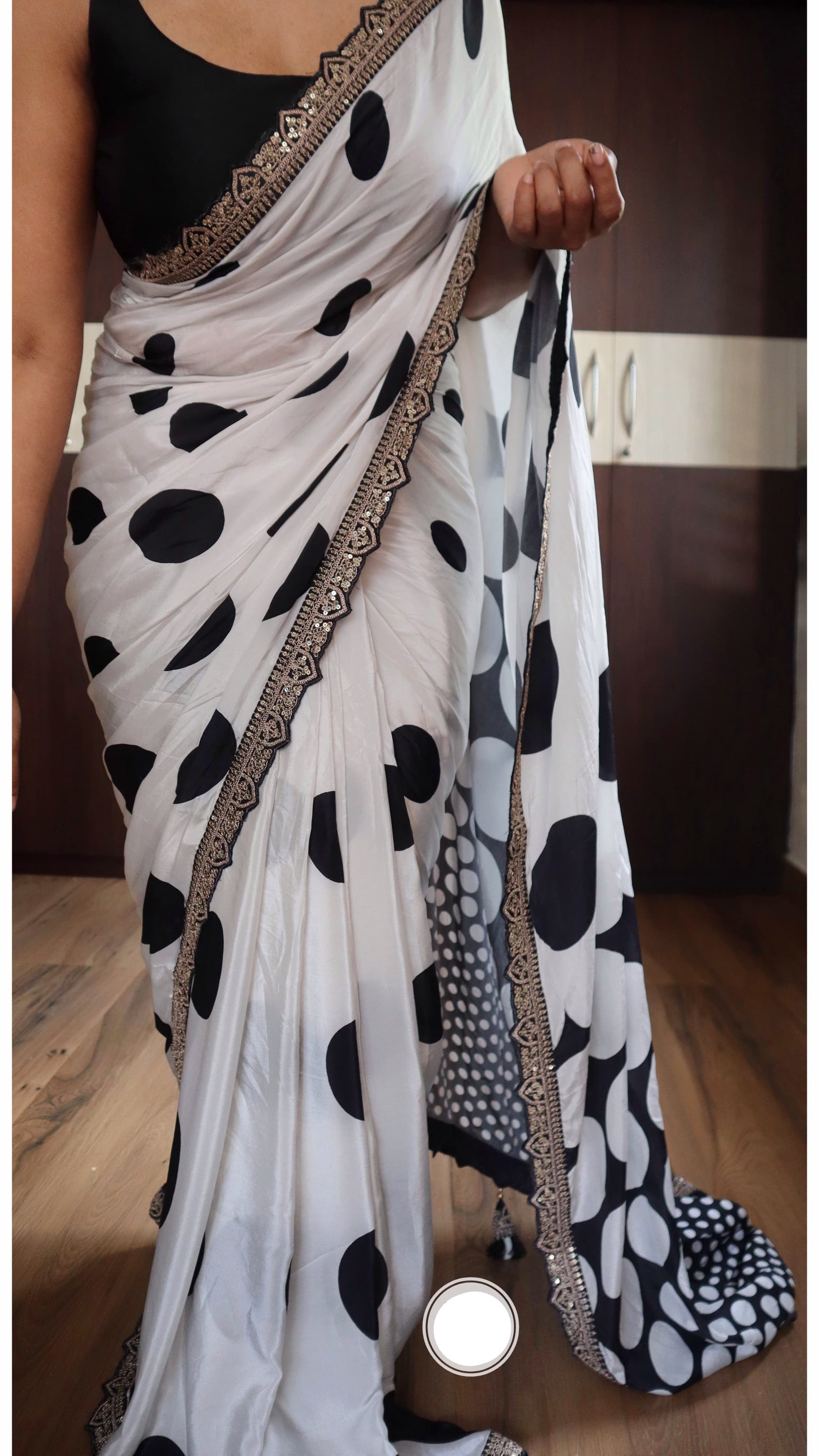 Retro inspired satin silk saree polka dot saree Partywear saree blouse Saffronfashionindia