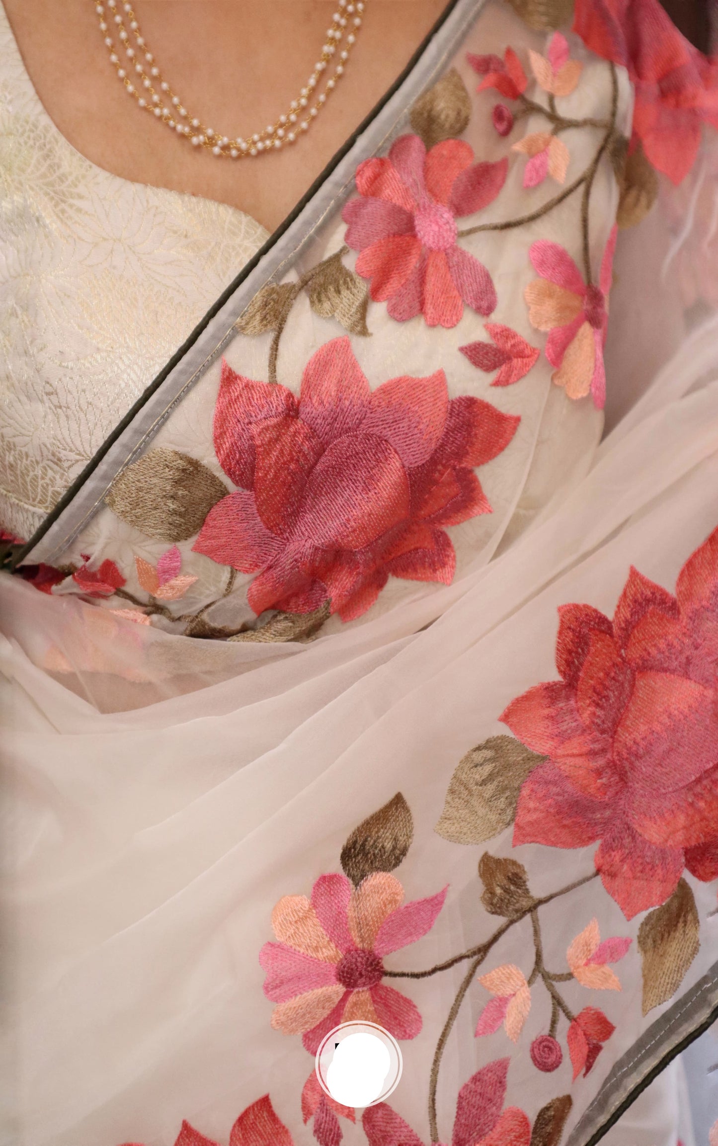 Parsi inspired floral bordered organza saree Indian Partywear sarees - Saffronfashionindia