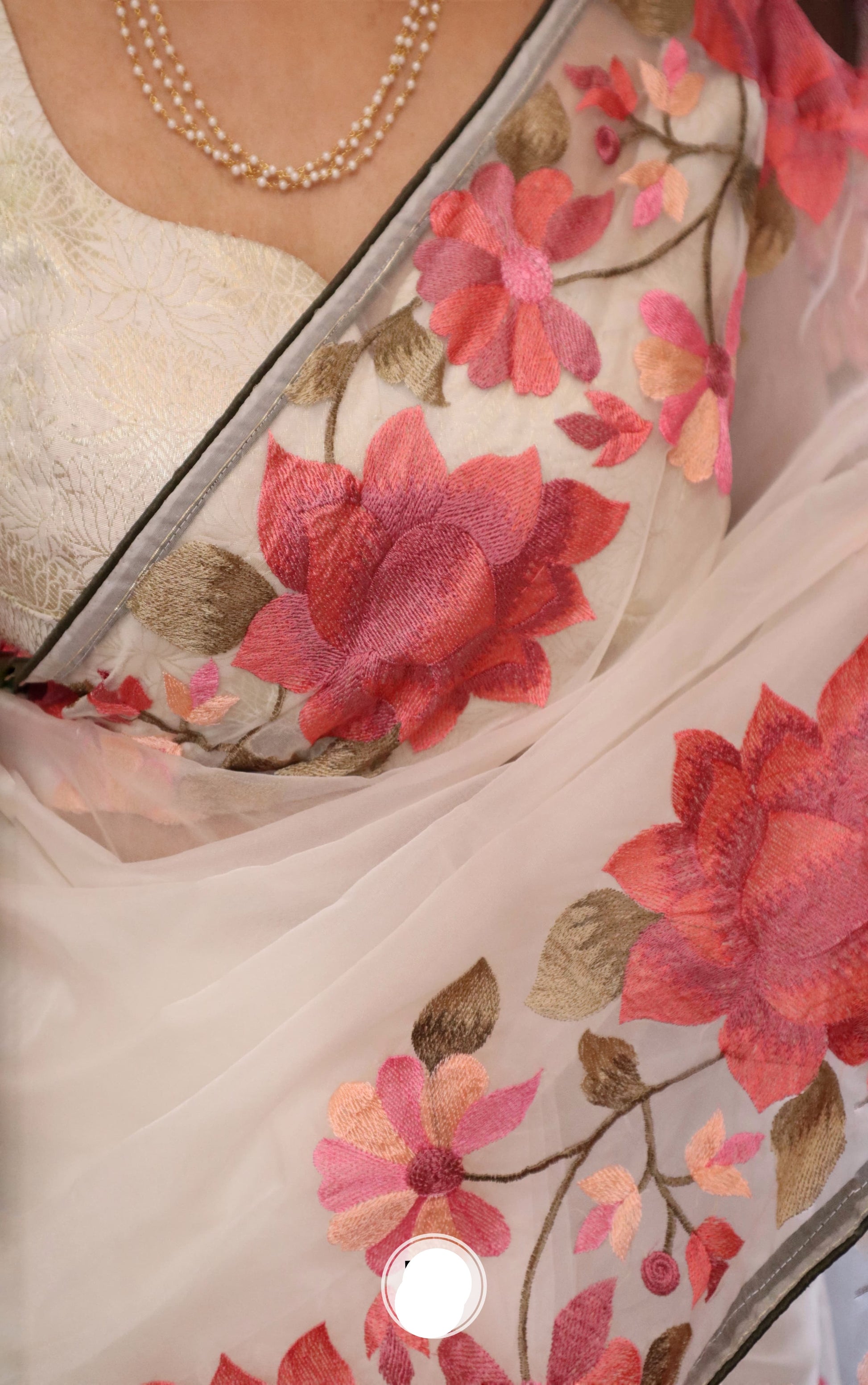 Parsi inspired floral bordered organza saree Indian Partywear sarees - Saffronfashionindia