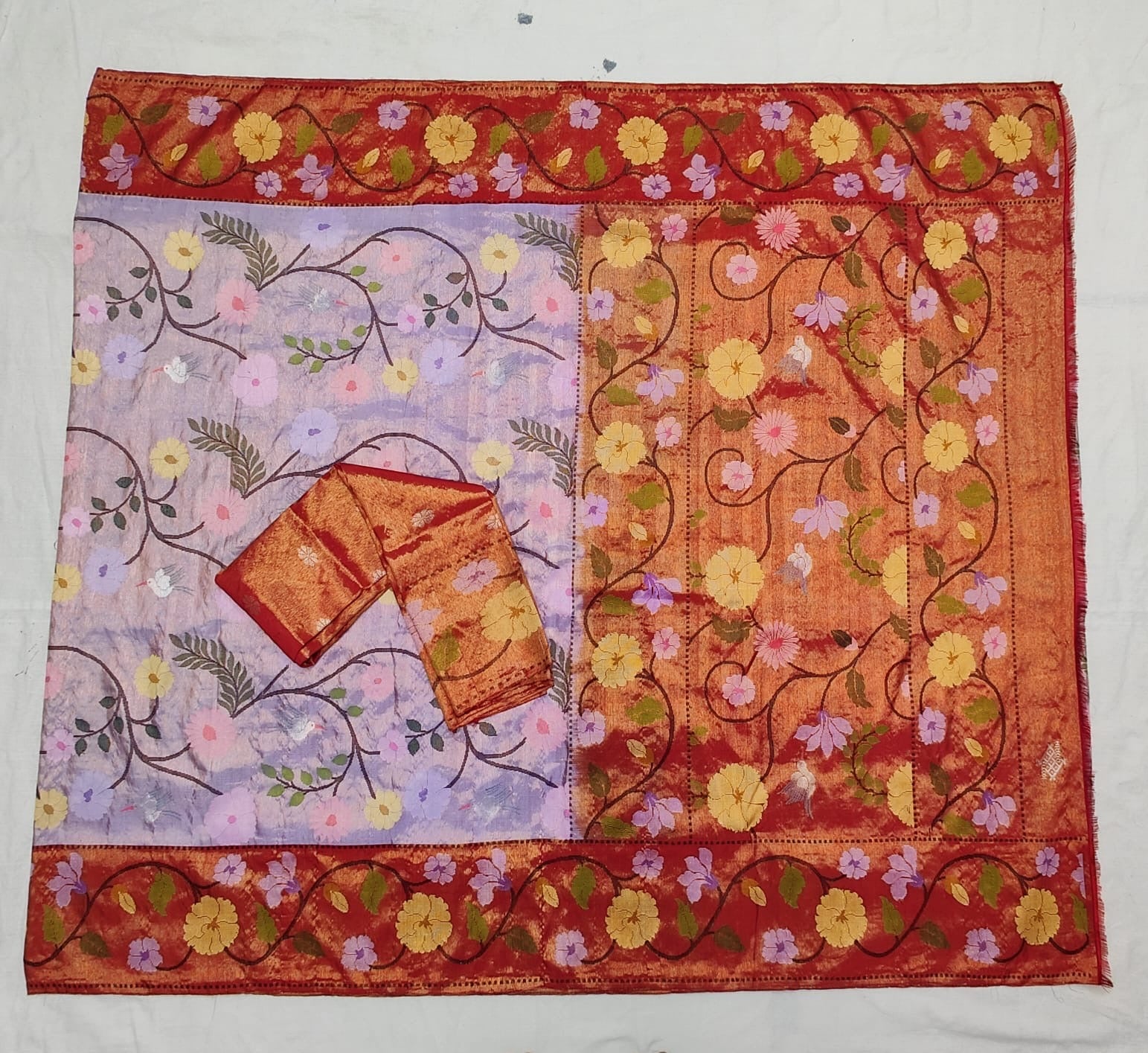 Lavender red Silk Zari Kota Meenakari Saree - Saffronfashionindia