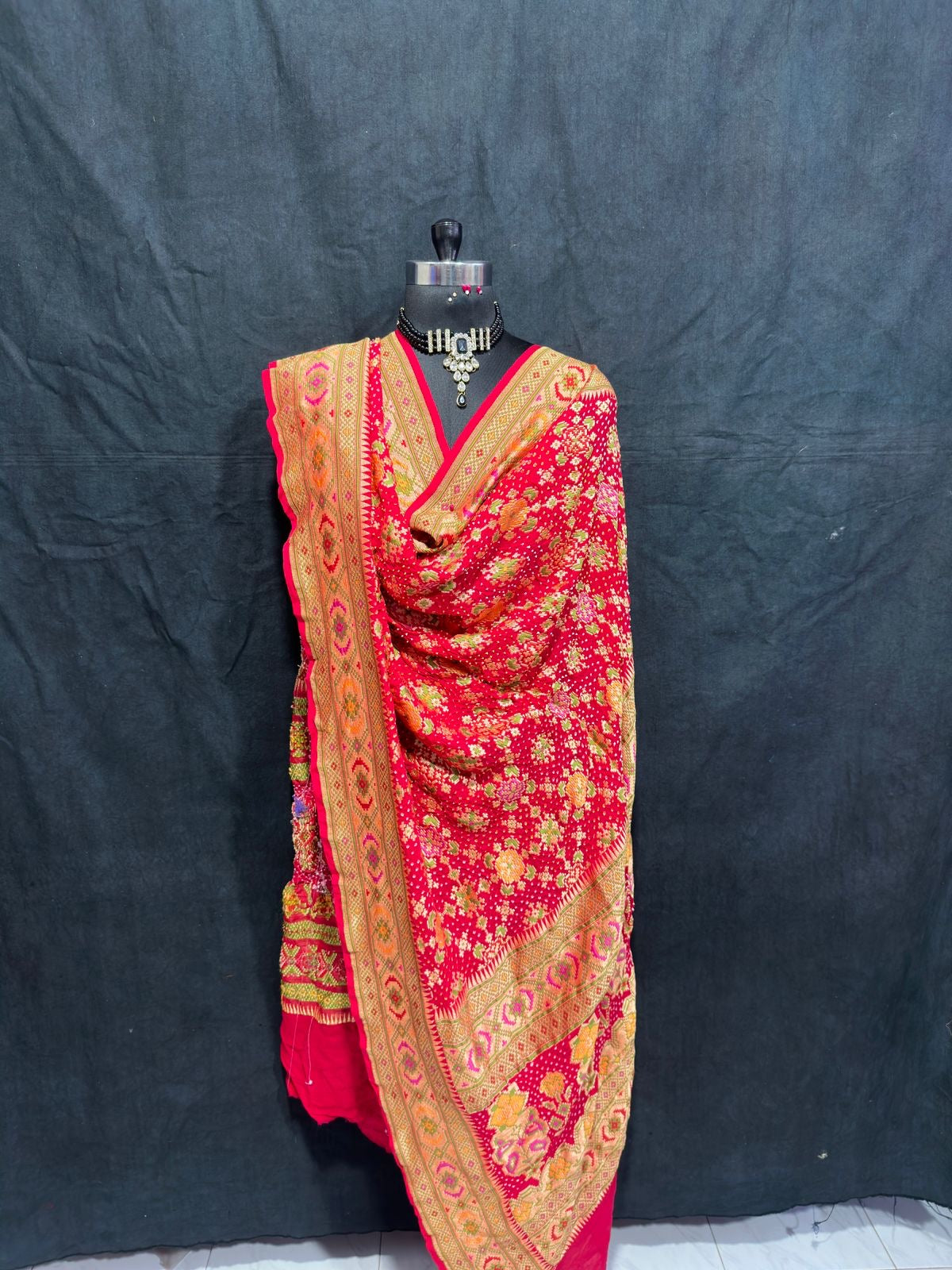 Red Alfi zari Banarsi Bandhani Dupatta - Saffronfashionindia