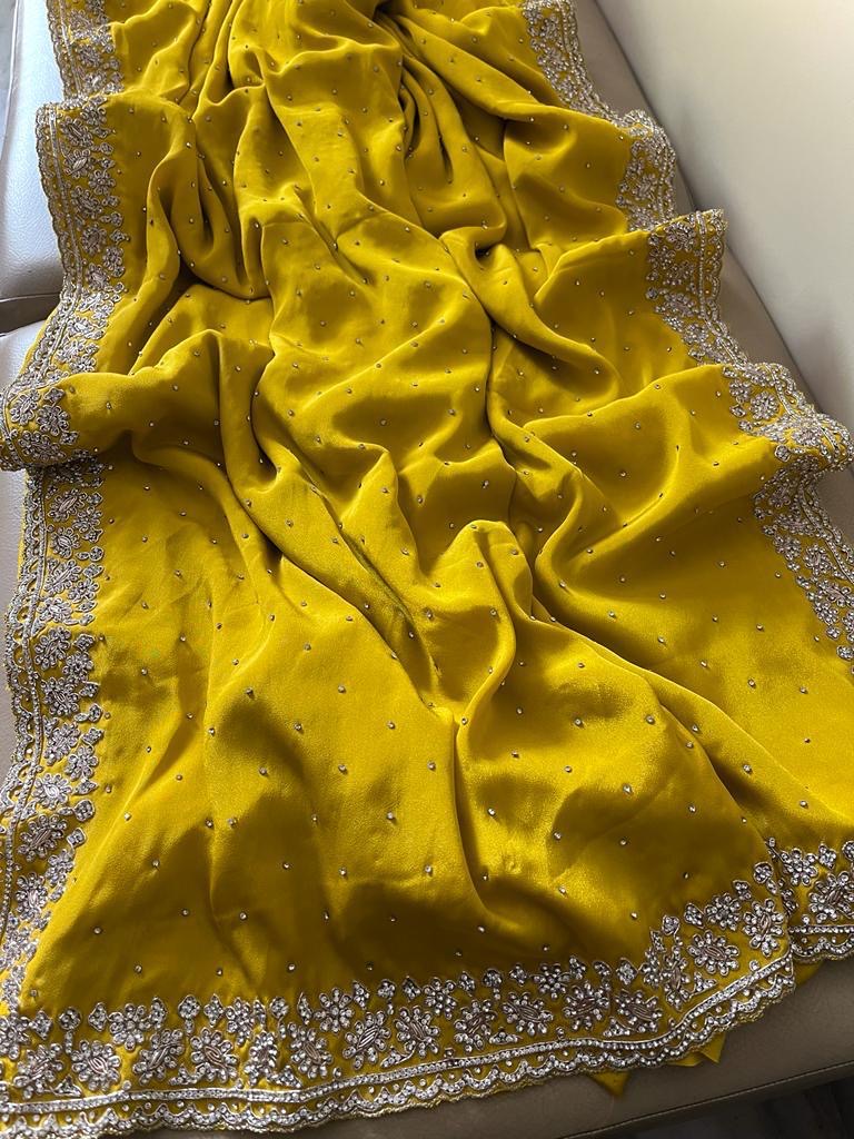 Crepe Satin Zardosi Wedding Saree Women Sari - Saffronfashionindia