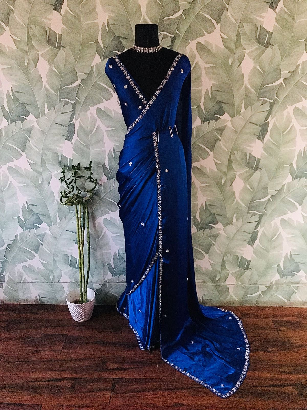 Royal blue premium saree luxury sarees Chinon satin saree blouse - Saffronfashionindia
