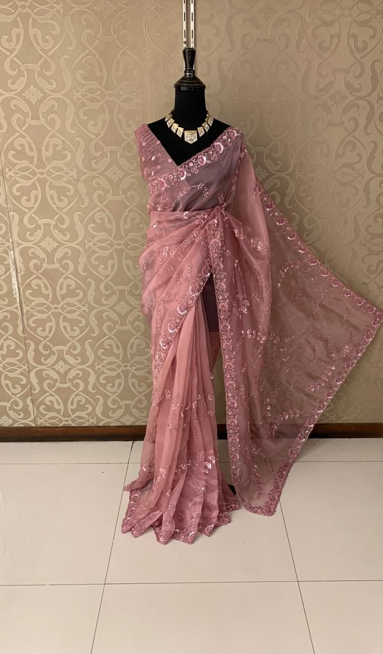 Elegant beautiful organza saree Partywear saree blouse reception saree - Saffronfashionindia