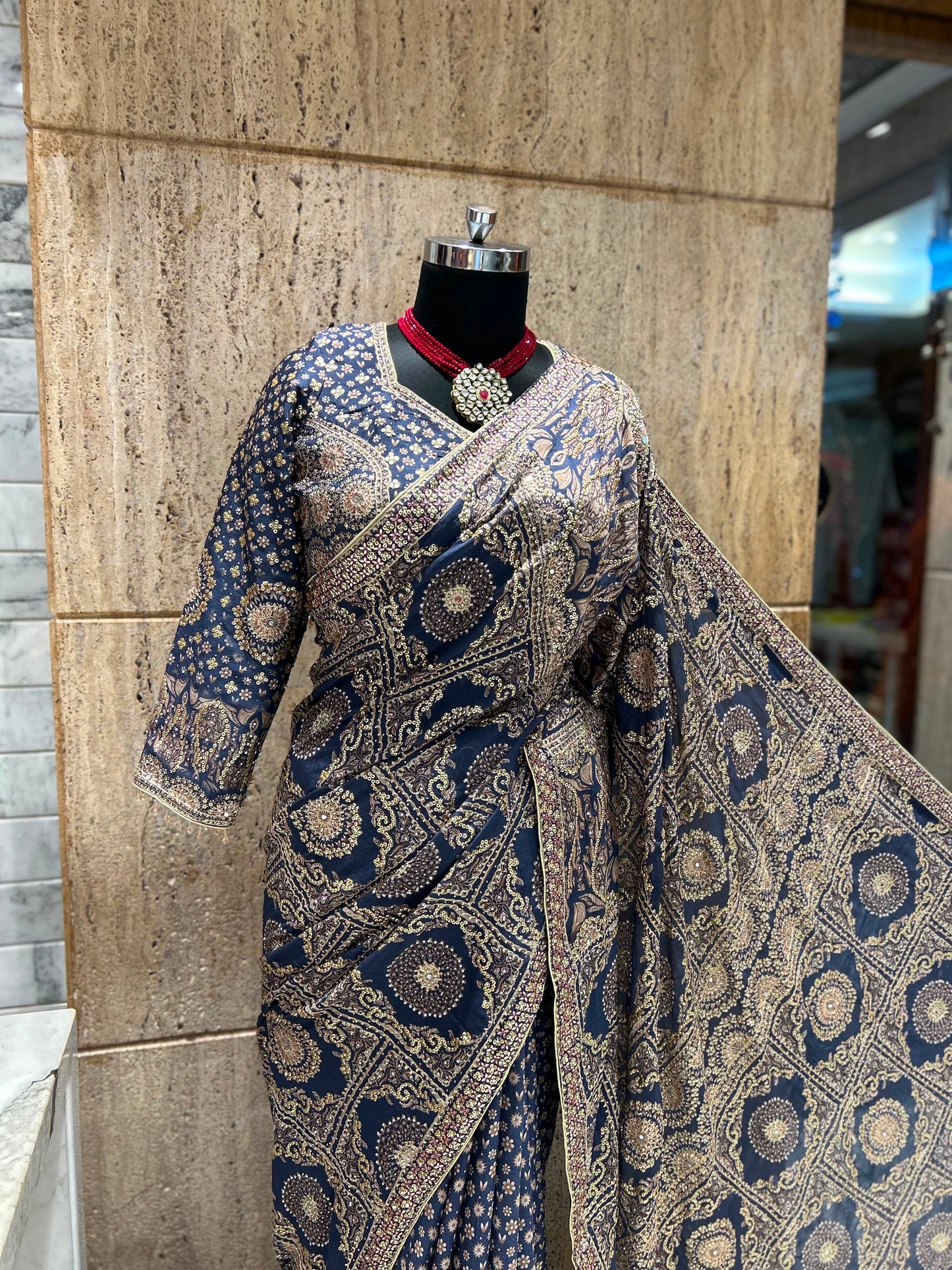 Navy blue saree designer sarees Chinon silk sari blouse women sarees Saffronfashionindia