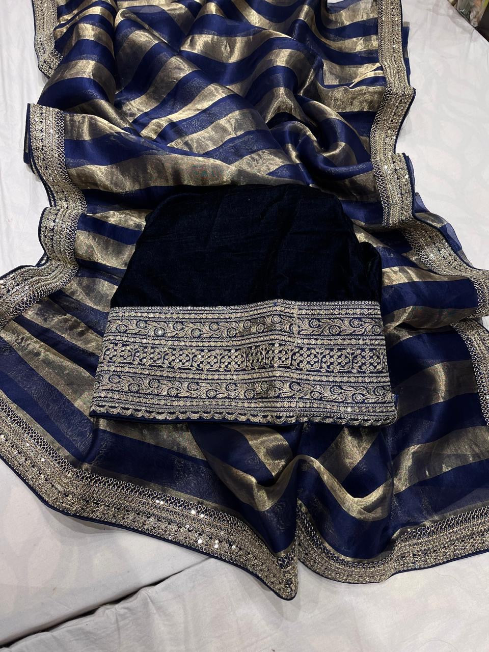 Striped Organza saree velvet blouse stylish saree women girlish sari - Saffronfashionindia