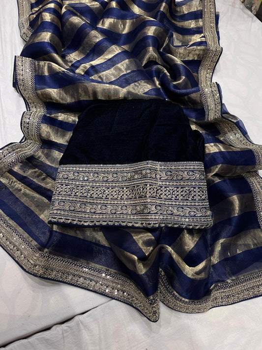 Striped Organza saree velvet blouse stylish saree women girlish sari - Saffronfashionindia
