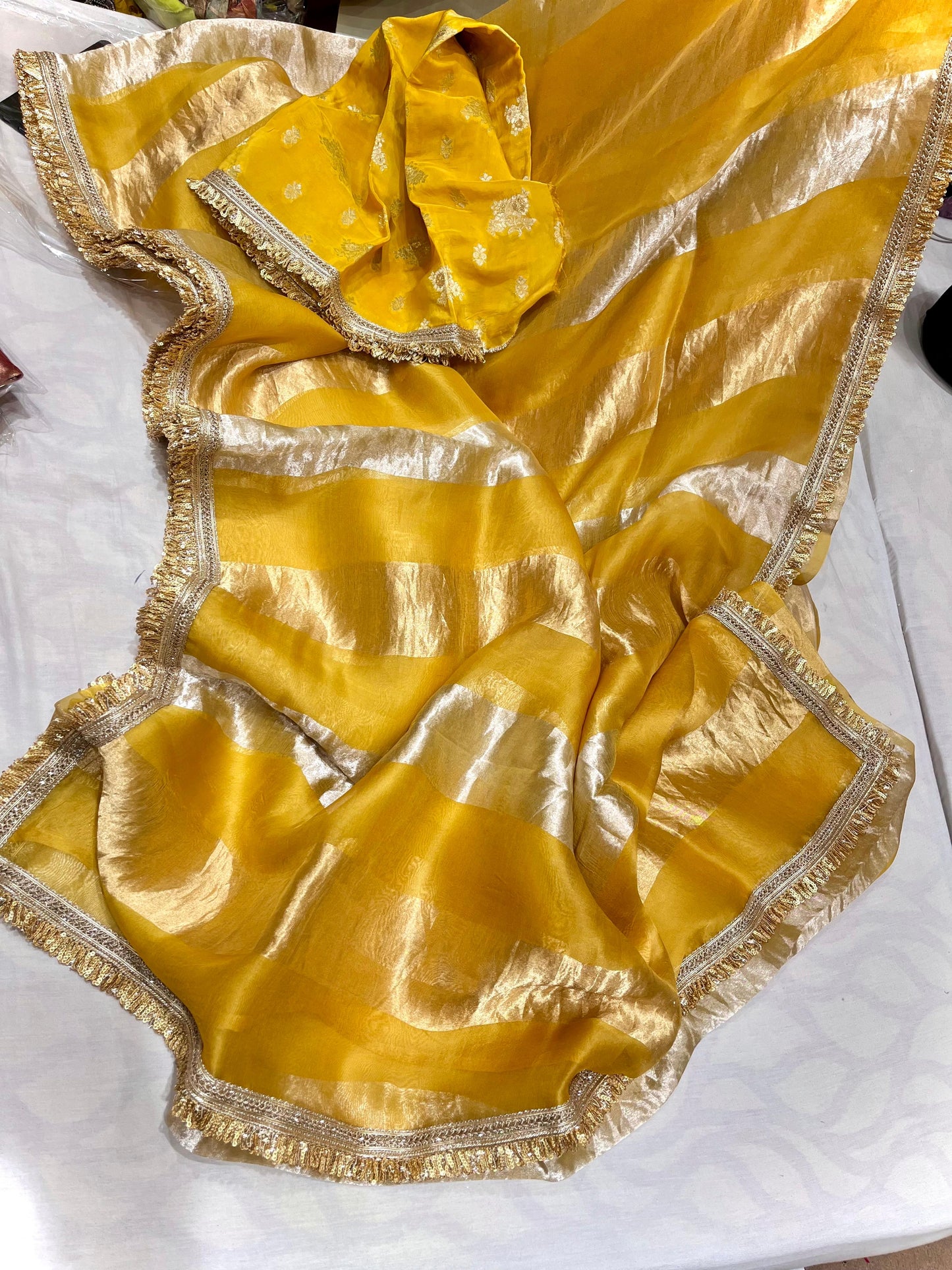 Striped Tissue Organza Saree Partywear Sari - Saffronfashionindia