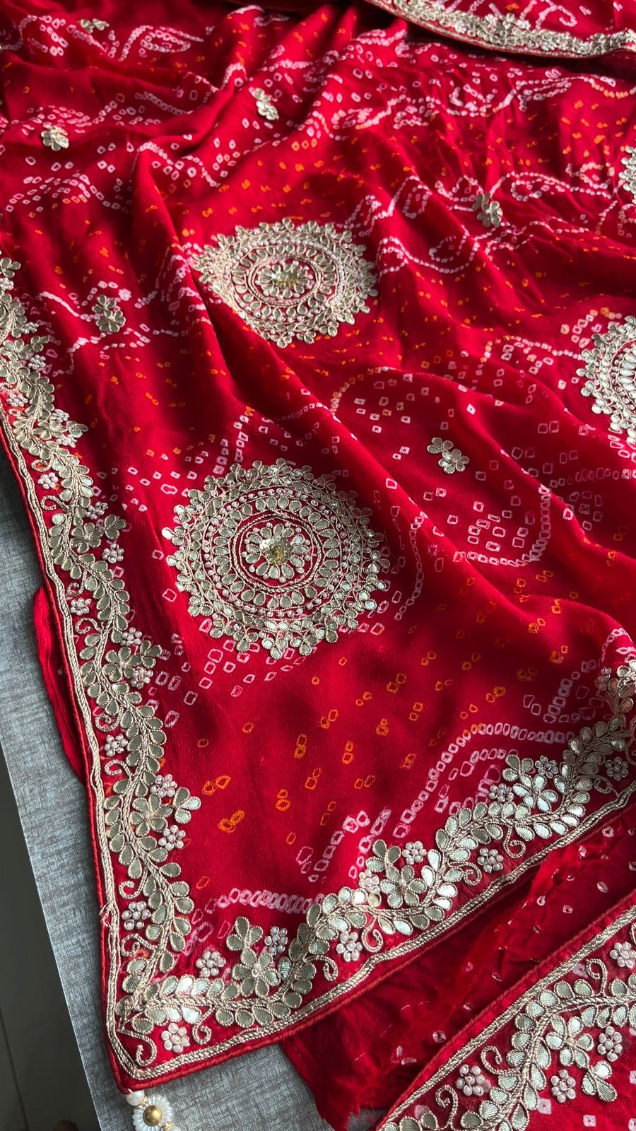 Red satin saree gottapatti Bandhej zardosi sarees bridal sari - Saffronfashionindia