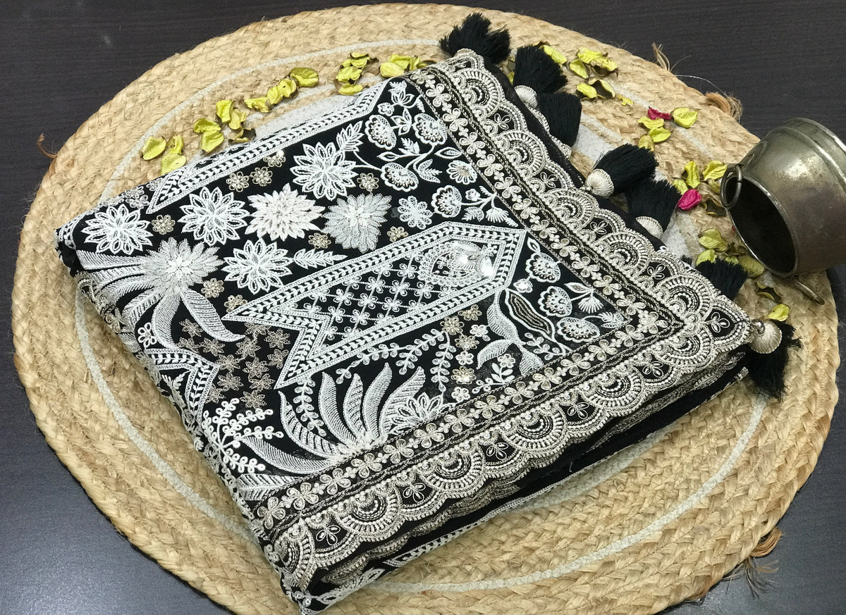 Black designer gorgette saree Lucknowi Parsi saree partywear sari blouse Saffronfashionindia