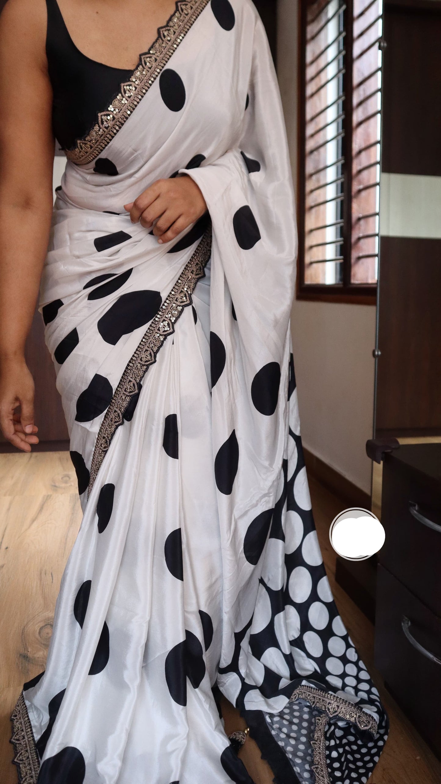 Retro inspired satin silk saree polka dot saree Partywear saree blouse Saffronfashionindia