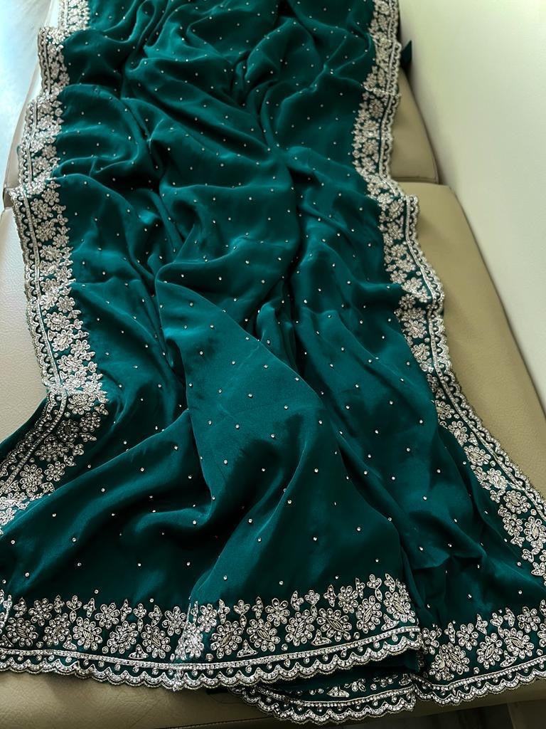 Crepe Satin Zardosi Wedding Saree Women Sari - Saffronfashionindia