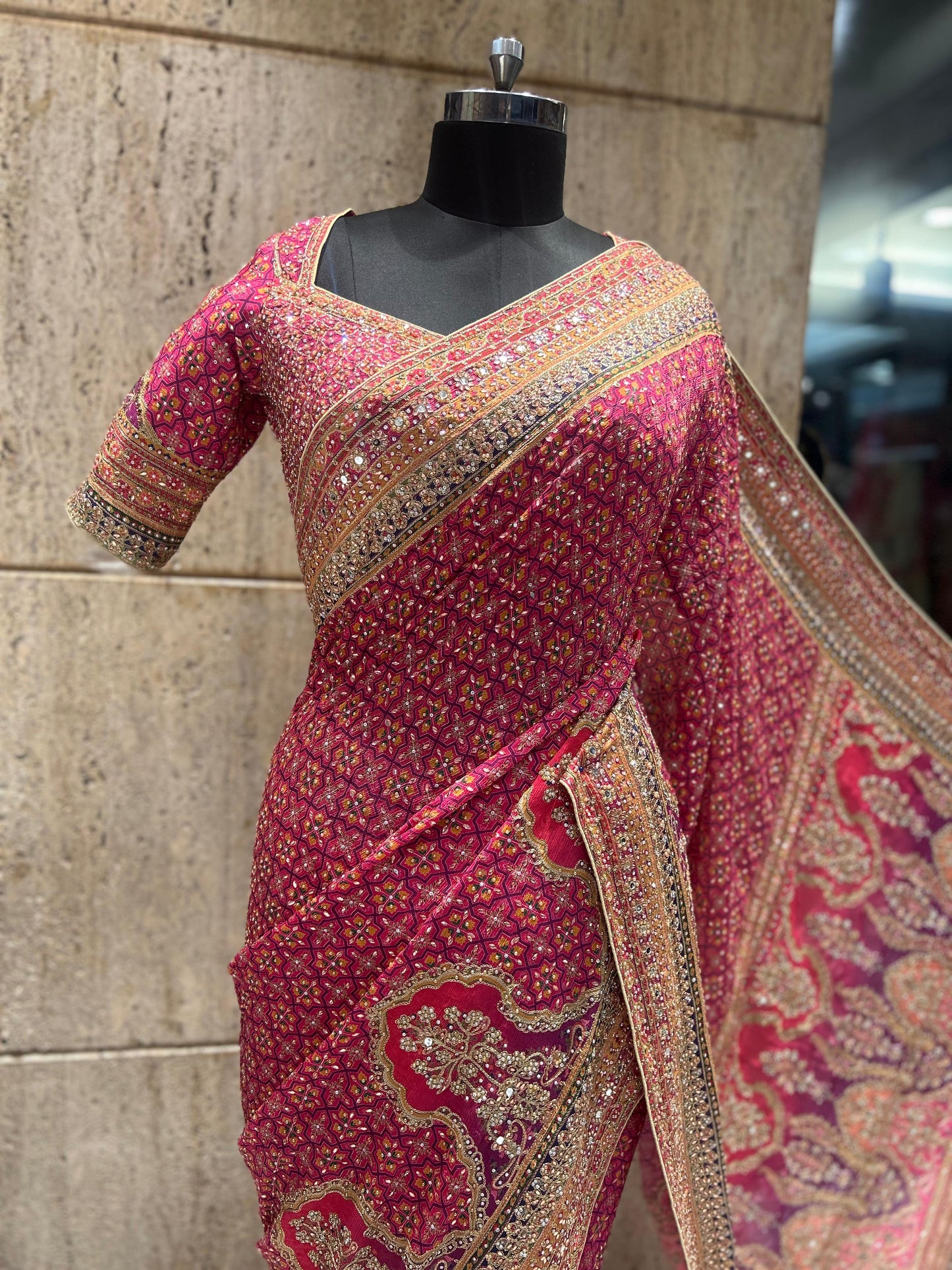 Ajrakh Chinon saree wedding sarees blouse Indian sari SaffronFashion