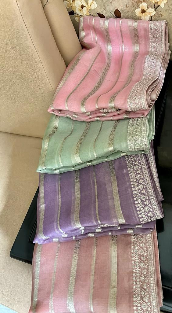 Orika organza striped trendy partywear sarees - Saffronfashionindia
