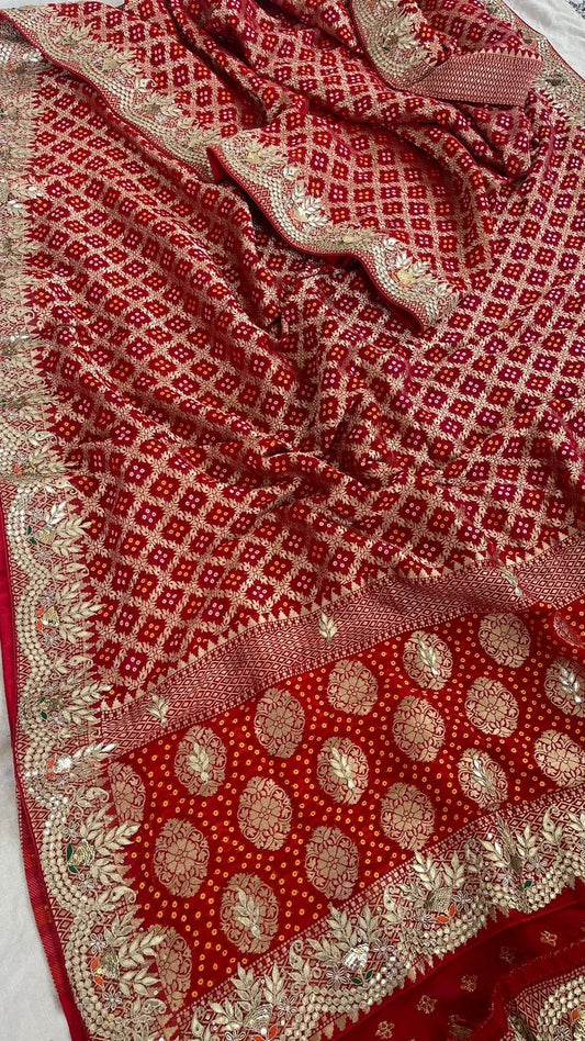 Gottapatti red Banarsi saree Gorgette sarees - Saffronfashionindia