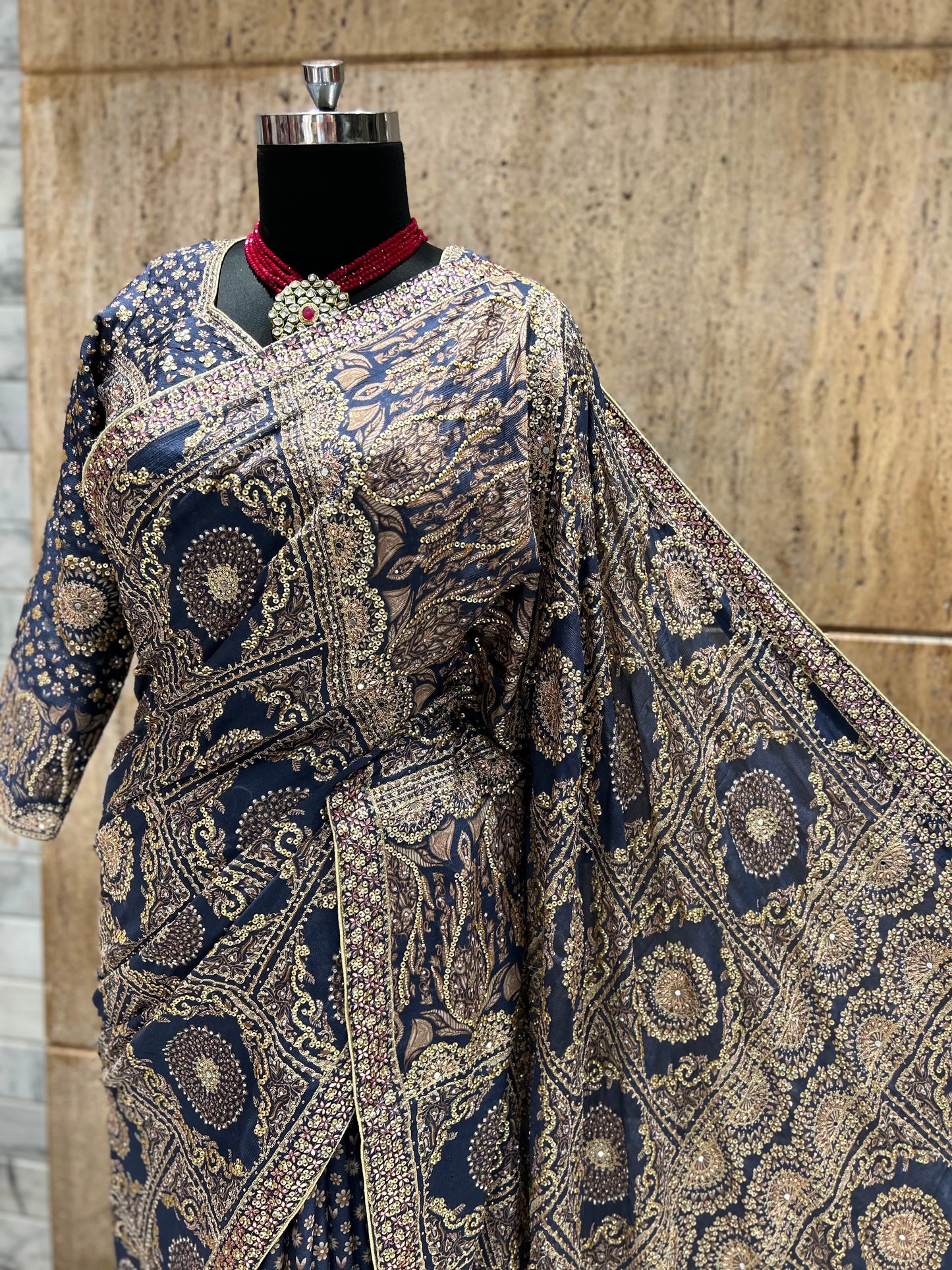 Navy blue saree designer sarees Chinon silk sari blouse women sarees Saffronfashionindia