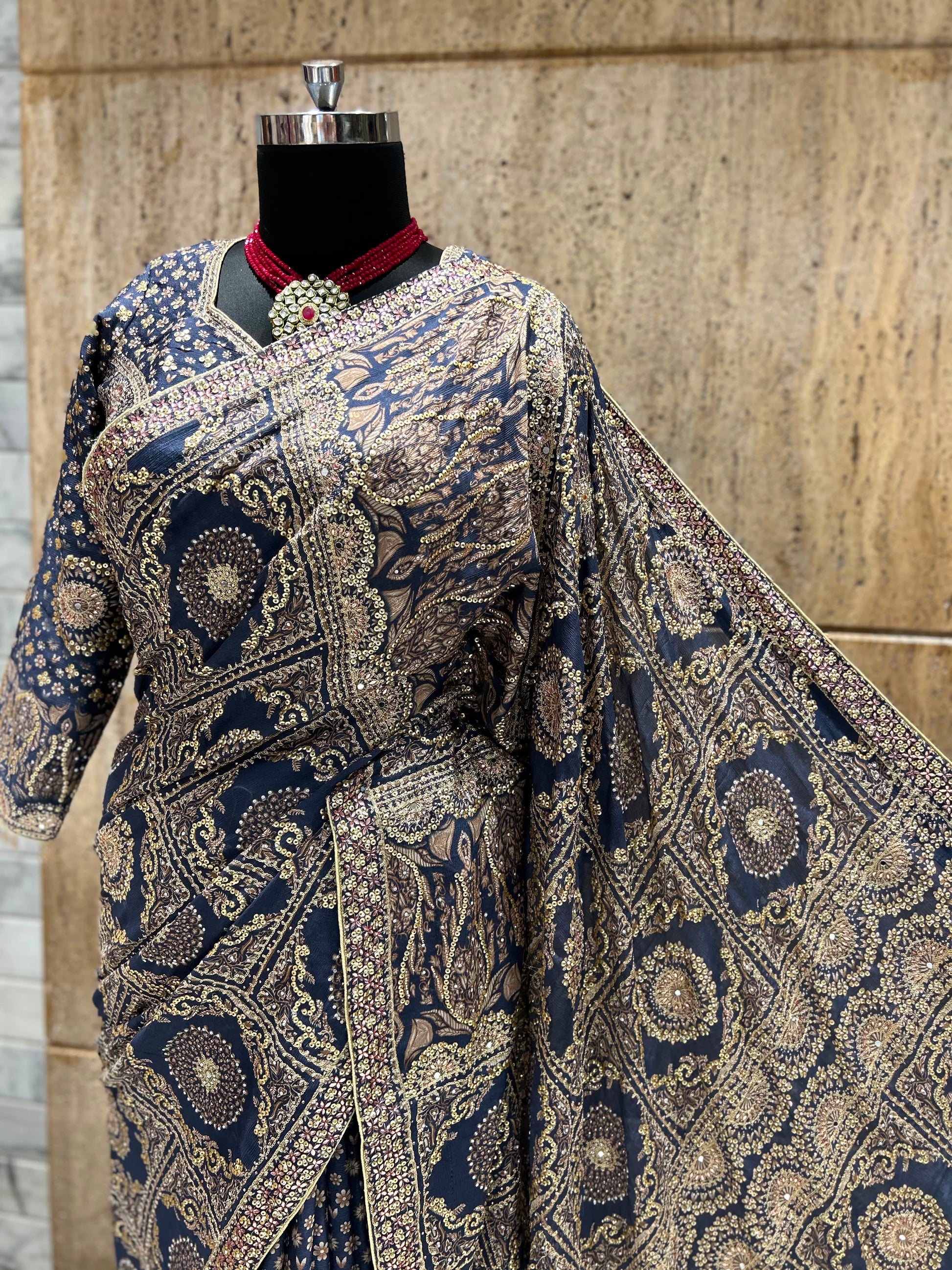 Navy blue saree designer sarees Chinon silk sari blouse women sarees Saffronfashionindia