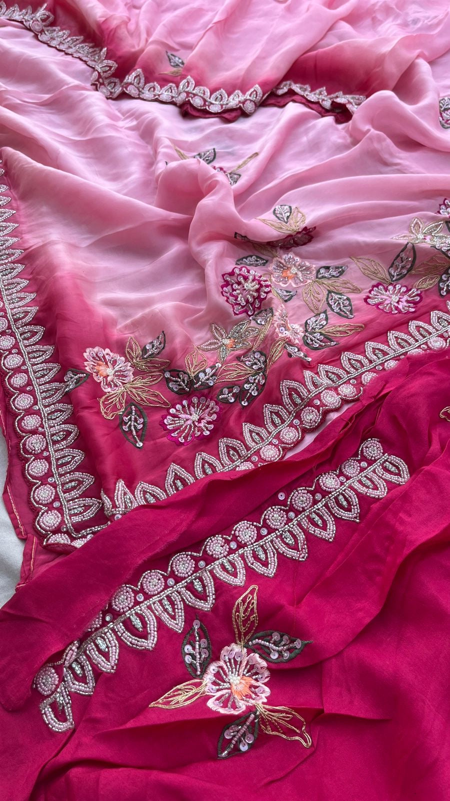 Satin Pink Pearl Organza Sarees Partywear Sarees - Saffronfashionindia