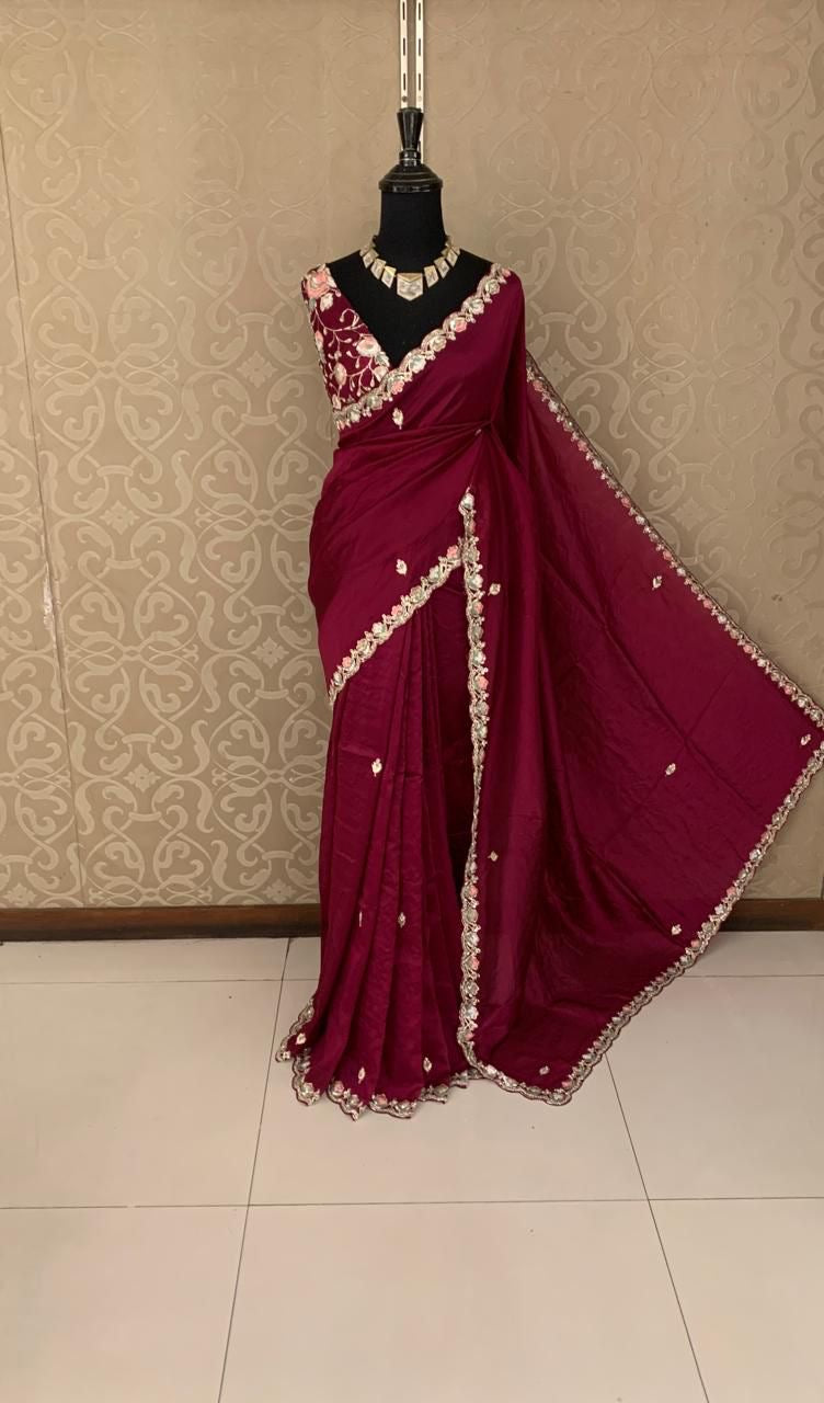 Lavina organza saree red sequins saree wedding saree blouse - Saffronfashionindia