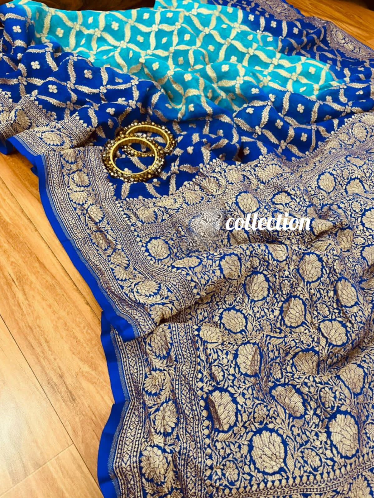 Banarsi Blue Shaded Gorgette Saree - Saffronfashionindia