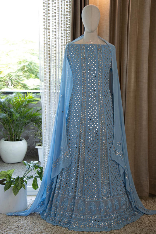 Cruise blue Chikankari Lucknowi Dress - Saffronfashionindia