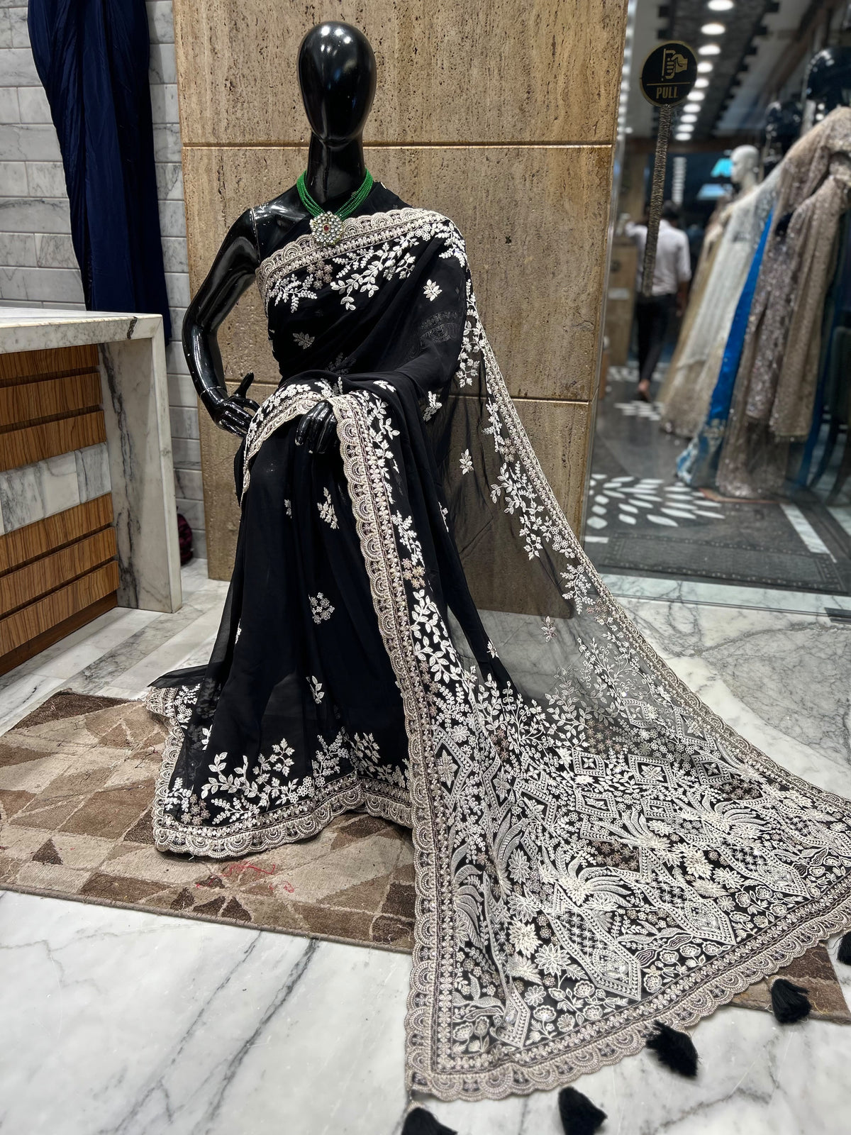 Black designer gorgette saree Lucknowi Parsi saree partywear sari blouse Saffronfashionindia