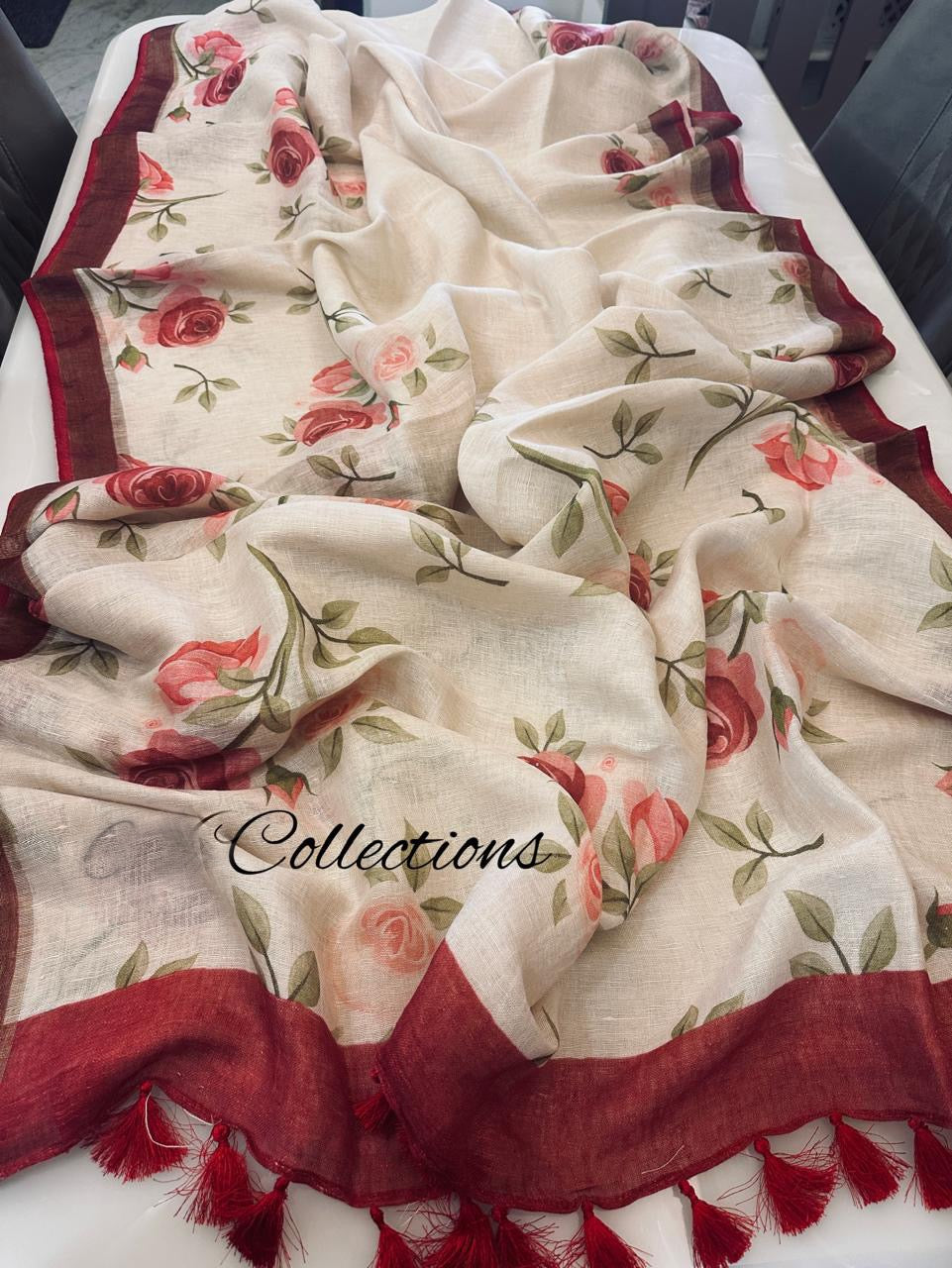 Floral Handwoven linen saree digital print sarees - Saffronfashionindia