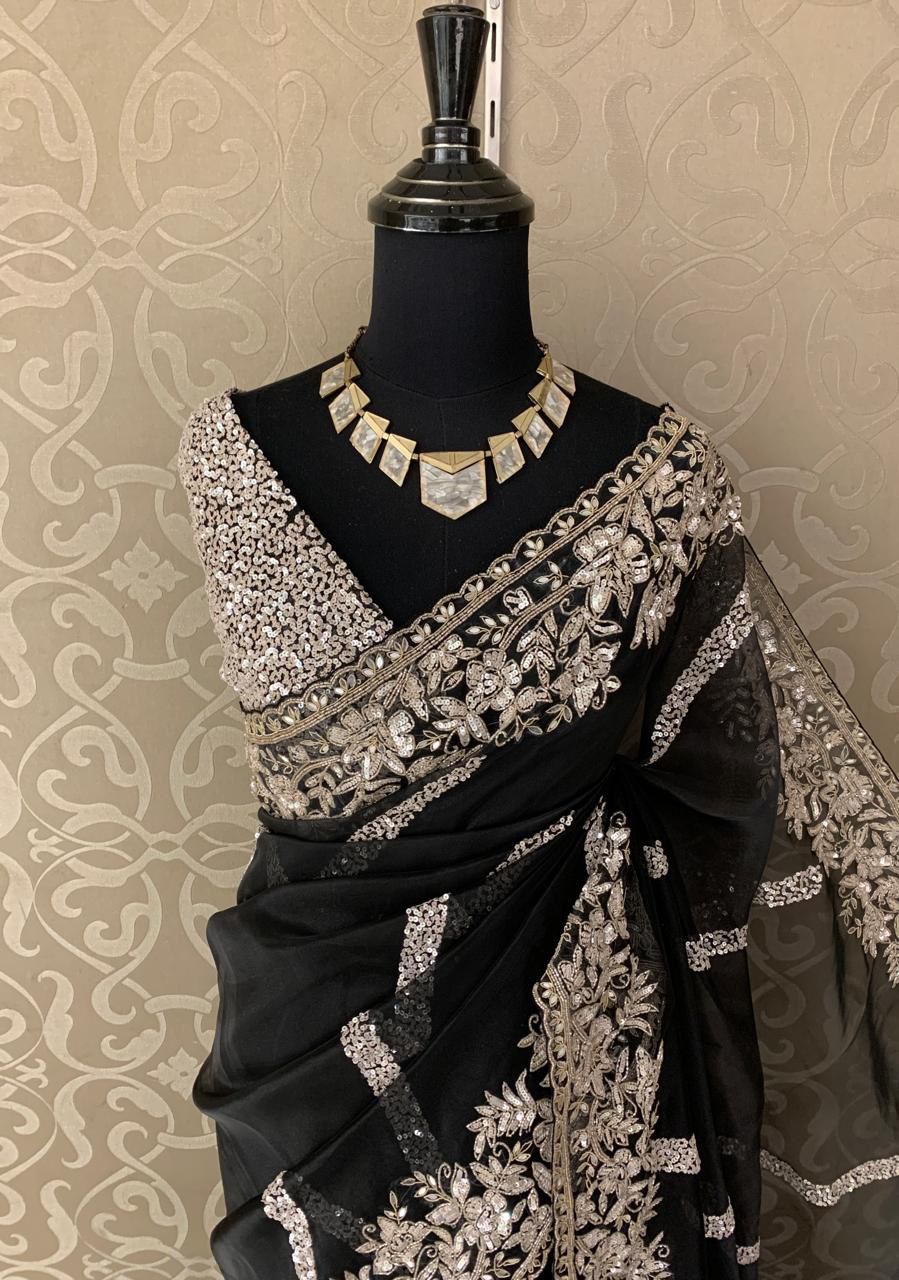 Elegant organza saree sequence sarees women saree blouse - Saffronfashionindia