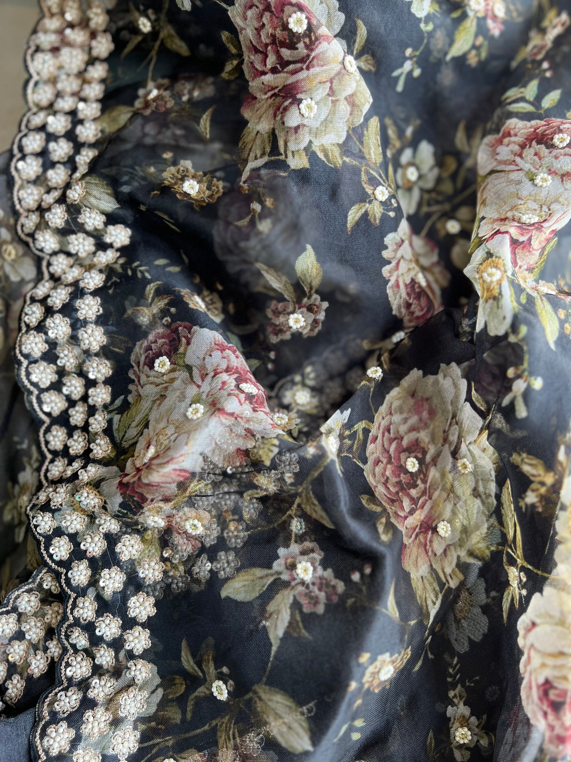Black floral saree Organza saree Indian sari blouse - Saffronfashionindia