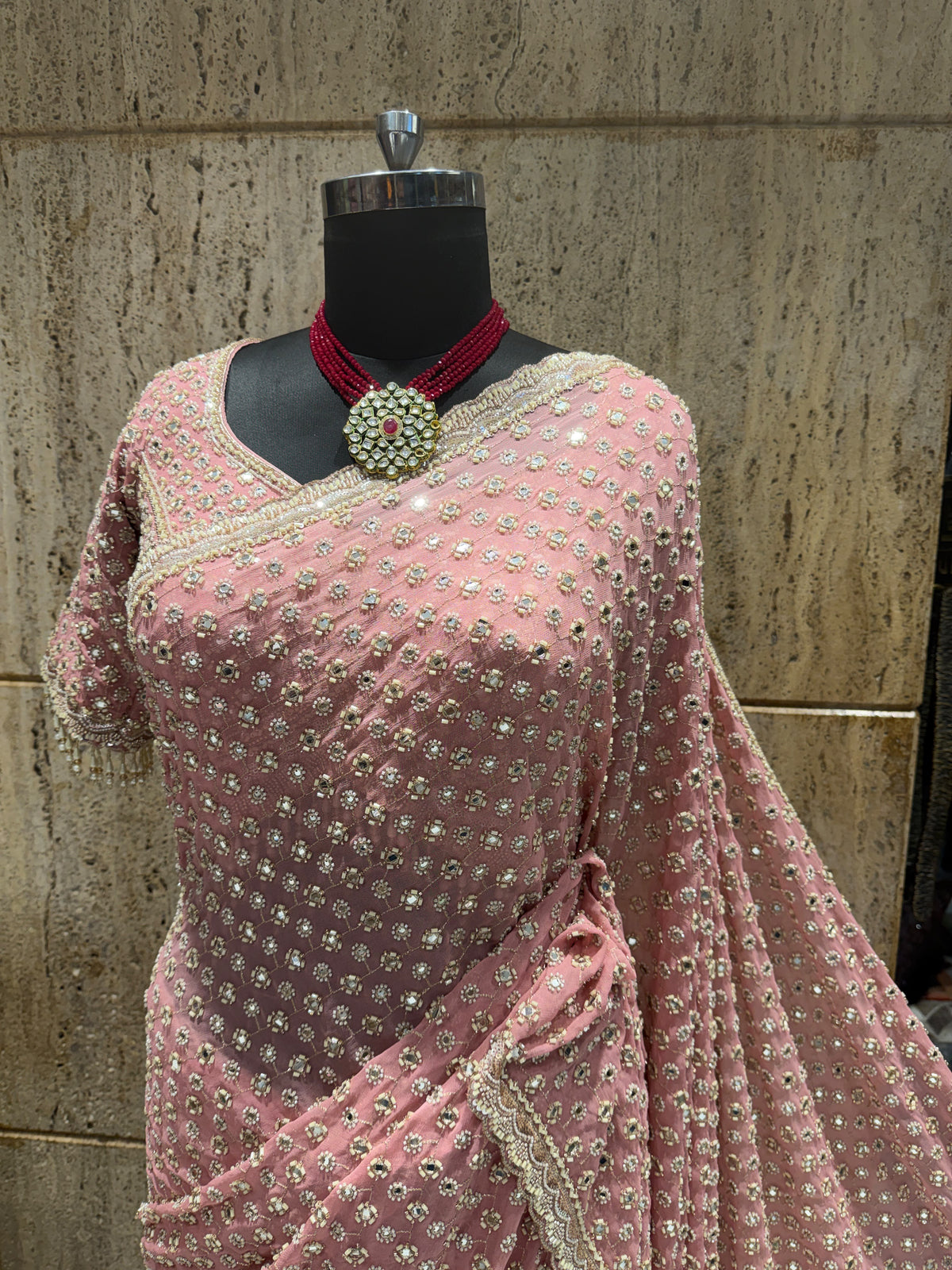 Pink Designer Sequin Embroidered Georgette Saree with Embellished Border & Blouse SaffronFashion