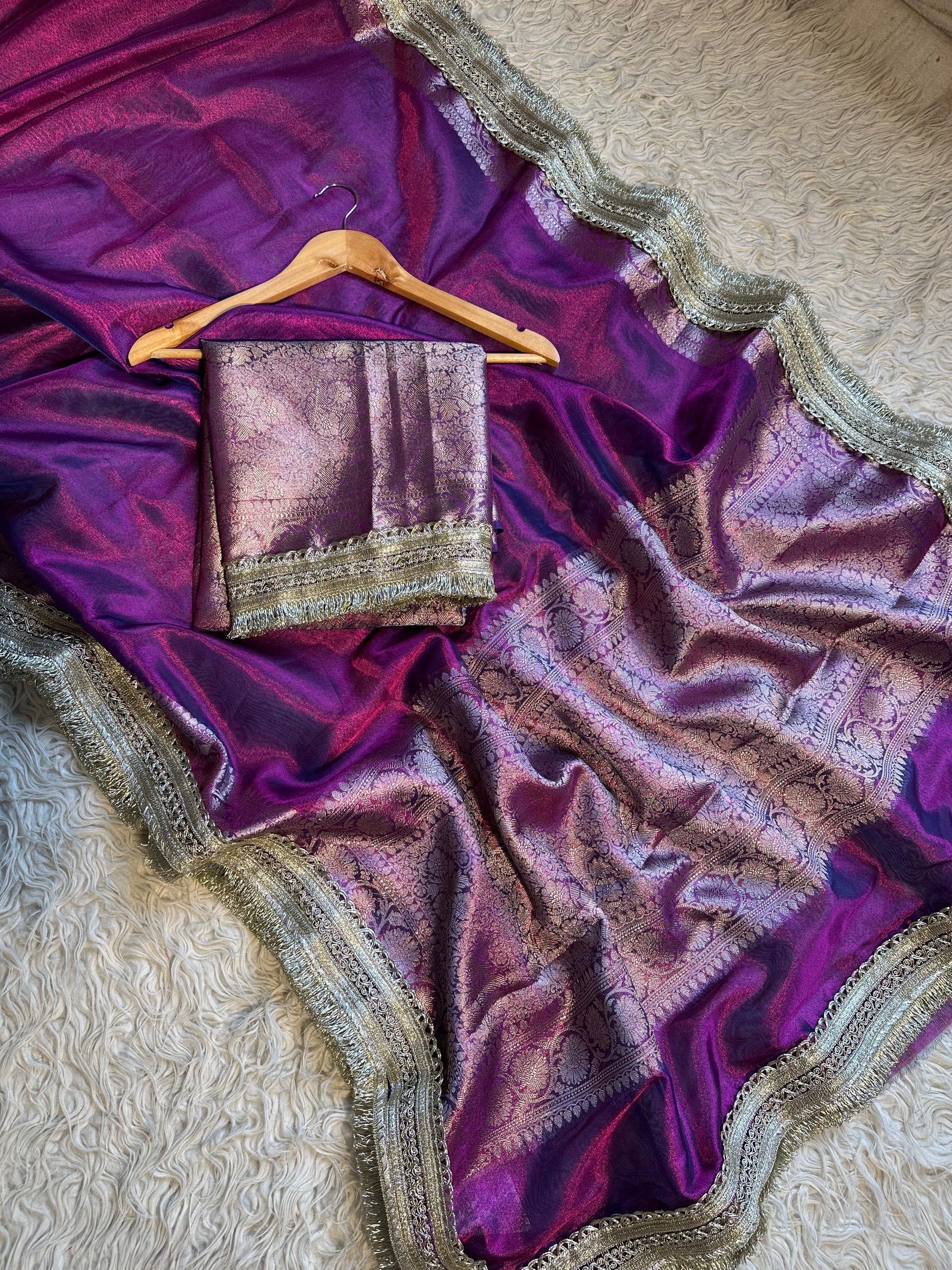 Vahiba Banarsi tissue silk saree lace sari blouse SaffronFashion