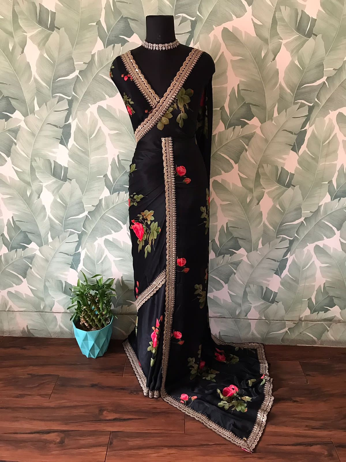 Floral black saree designer inspired sari blouse premium sarees Saffronfashionindia